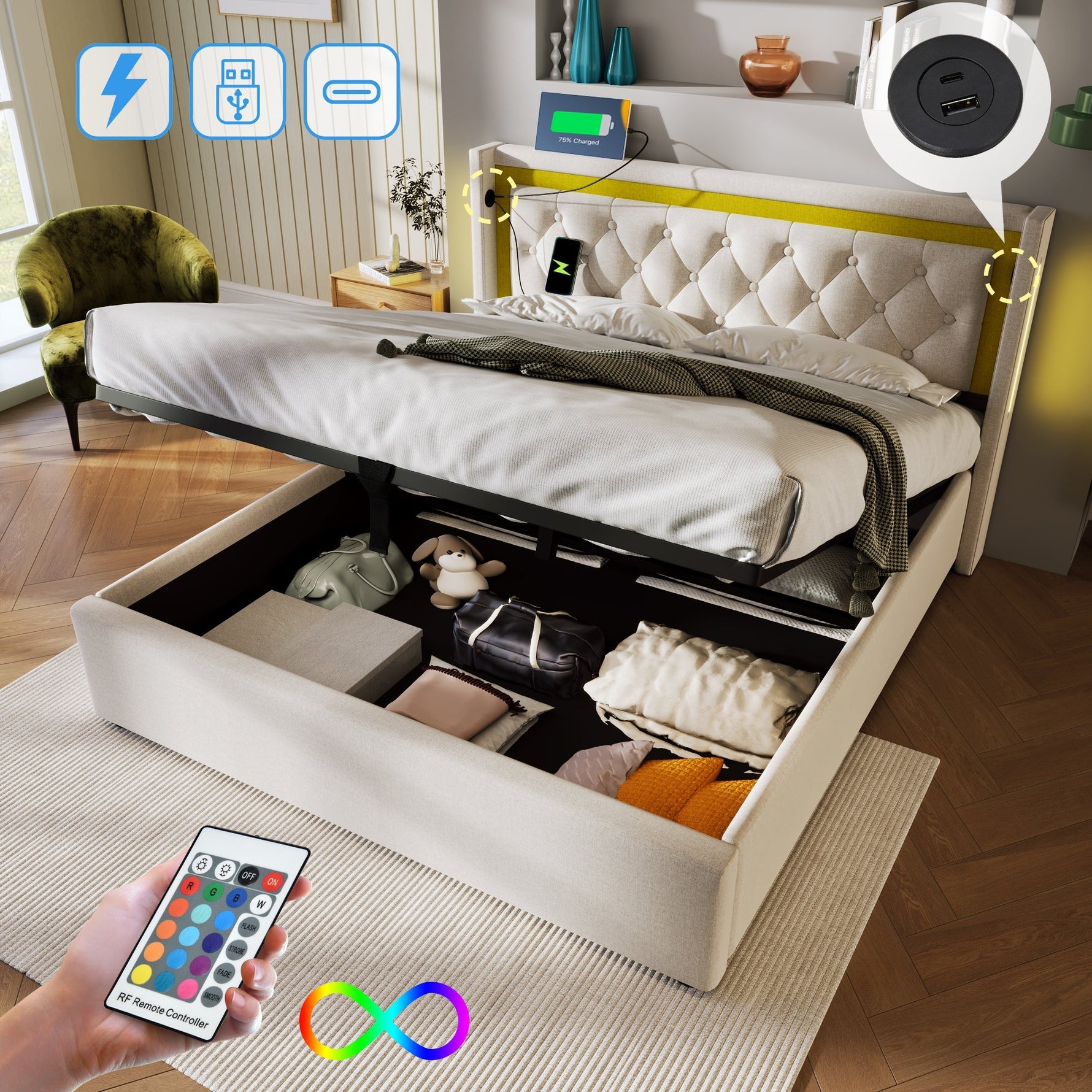 Upholstered Bed with LED, Storage, USB-C Headboard, 140x200 Cotton