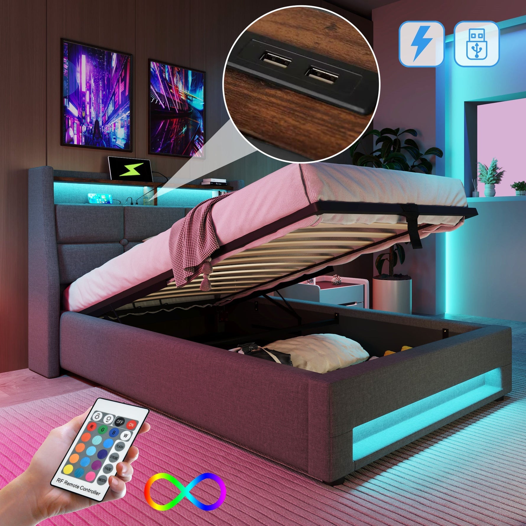 Upholstered Single Bed 90x200cm USB LED Metal Frame Linen