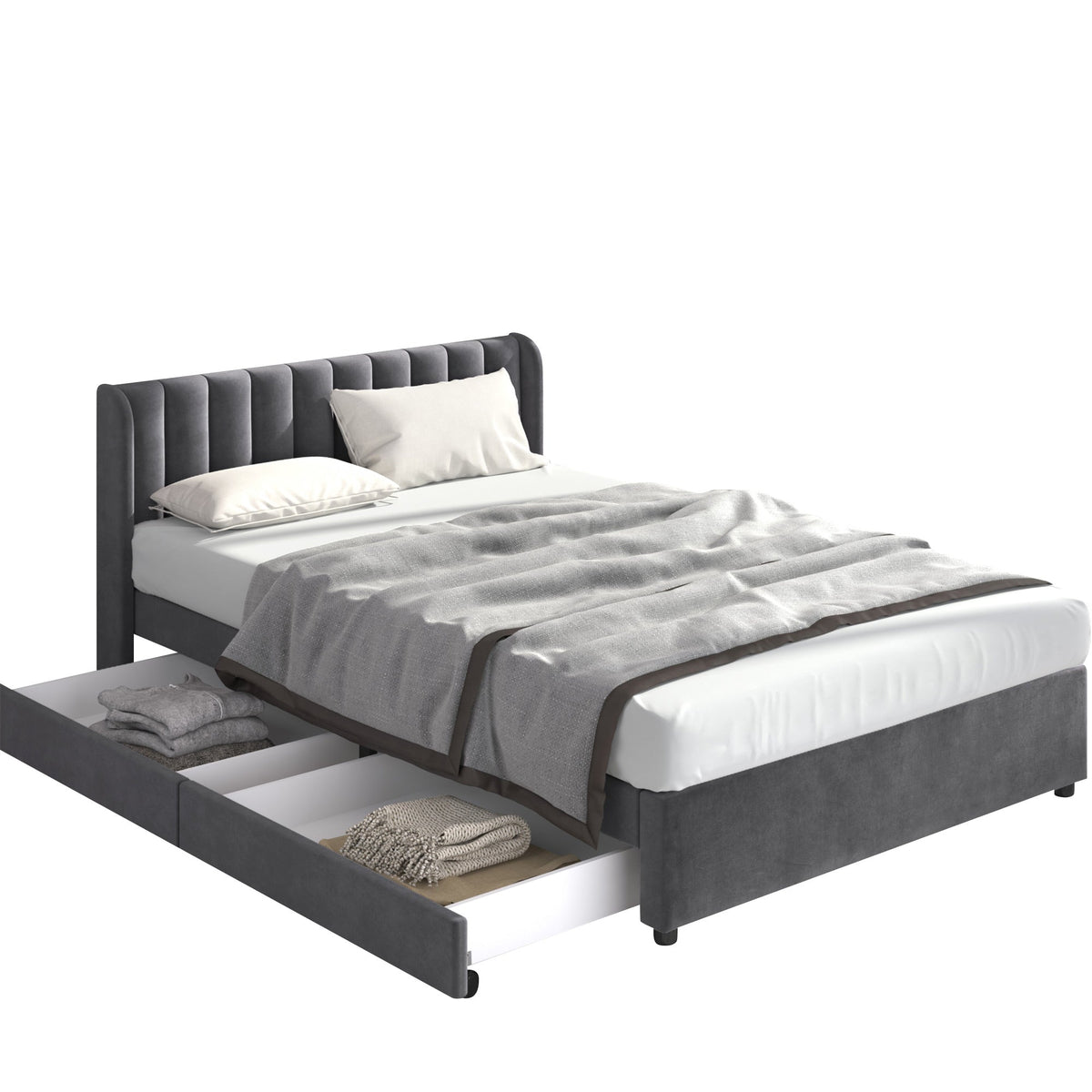 Upholstered Bed 160x200cm Headboard Slatted Base 2 Drawers - Velvet Grey