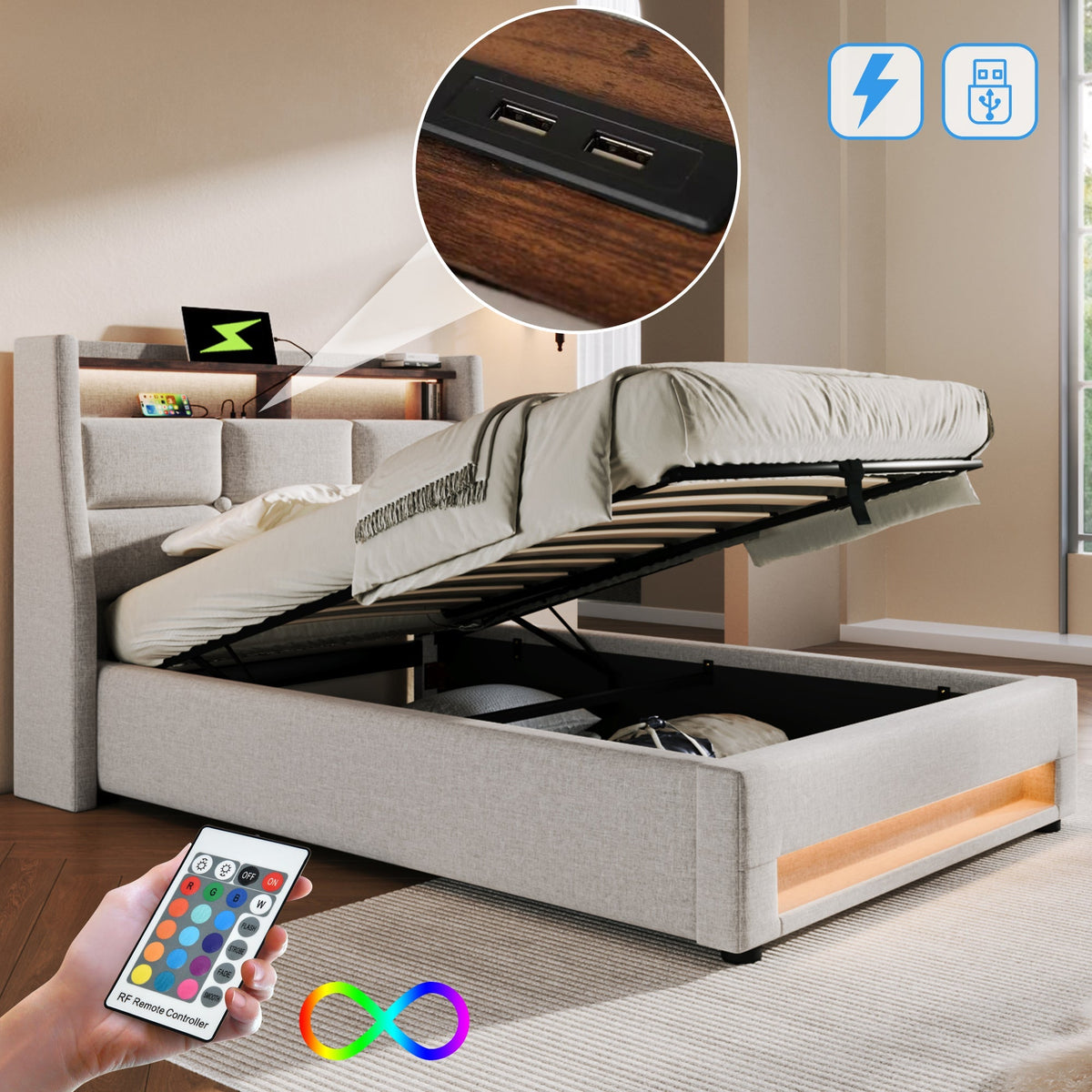Upholstered Bed 90x200cm, LED Single with USB, Linen