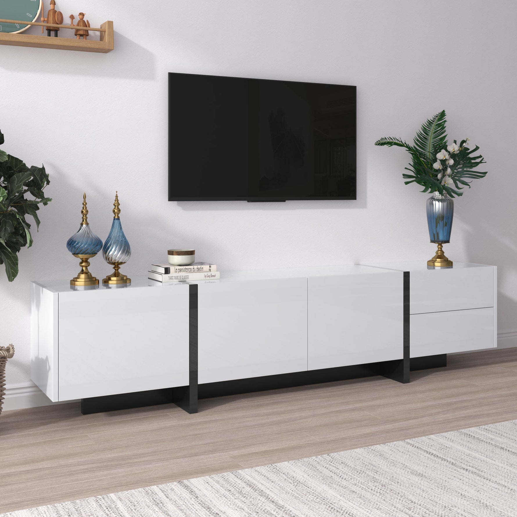 TV Cabinet Lowboard Panel Doors Drawers Shelves High-Gloss White and Black