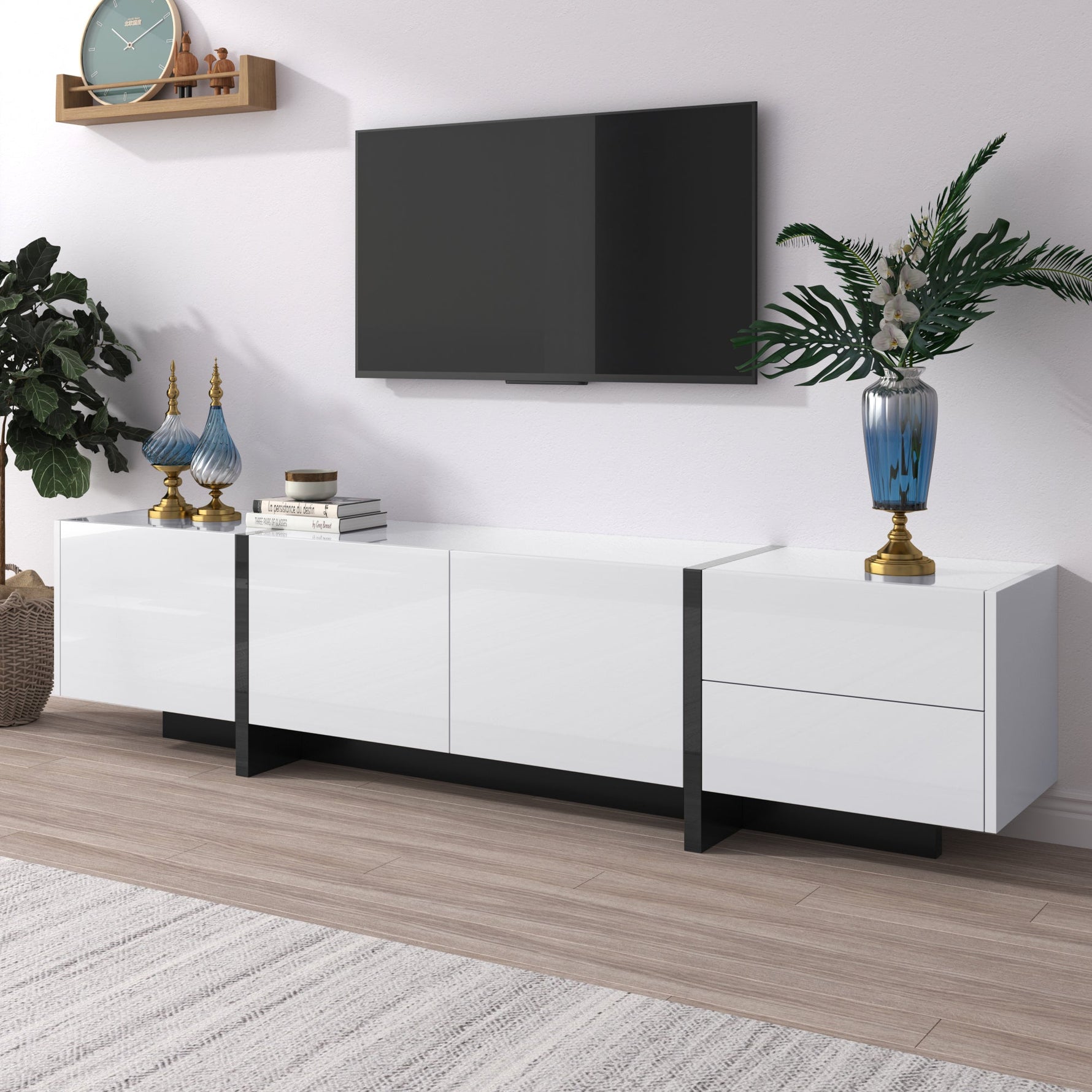 TV Cabinet Lowboard Panel Doors Drawers Shelves High-Gloss White and Black