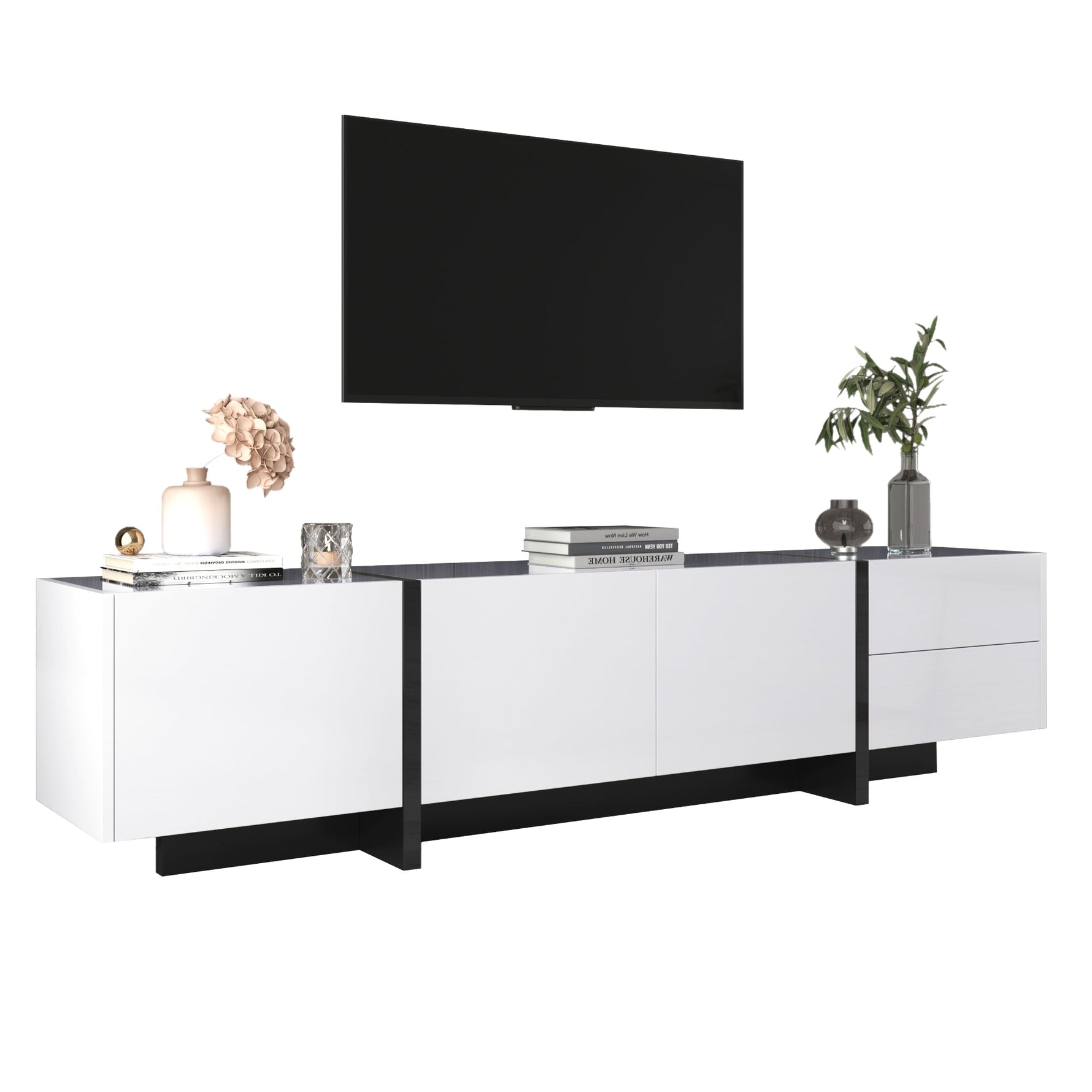 TV Cabinet Lowboard Panel Doors Drawers Shelves High-Gloss White and Black