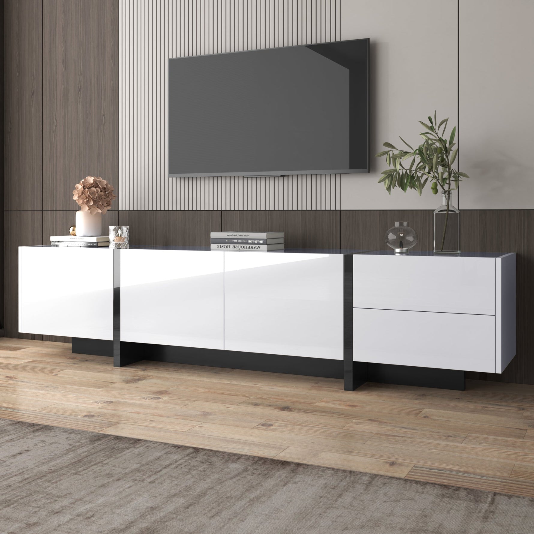 TV Cabinet Lowboard Panel Doors Drawers Shelves High-Gloss White and Black