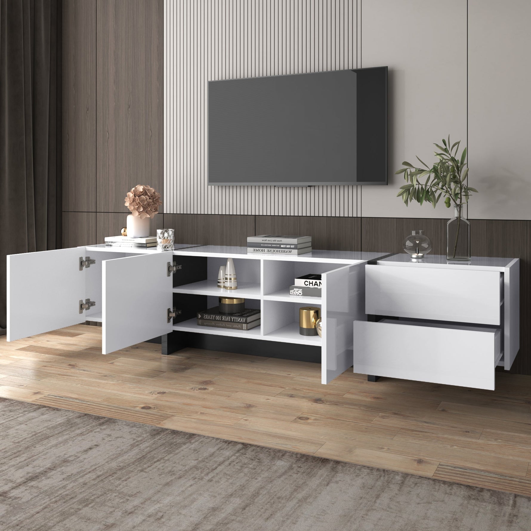 TV Cabinet Lowboard Panel Doors Drawers Shelves High-Gloss White and Black