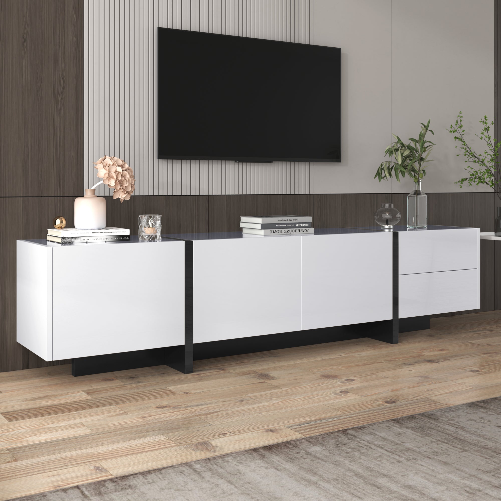 TV Cabinet Lowboard Panel Doors Drawers Shelves High-Gloss White and Black