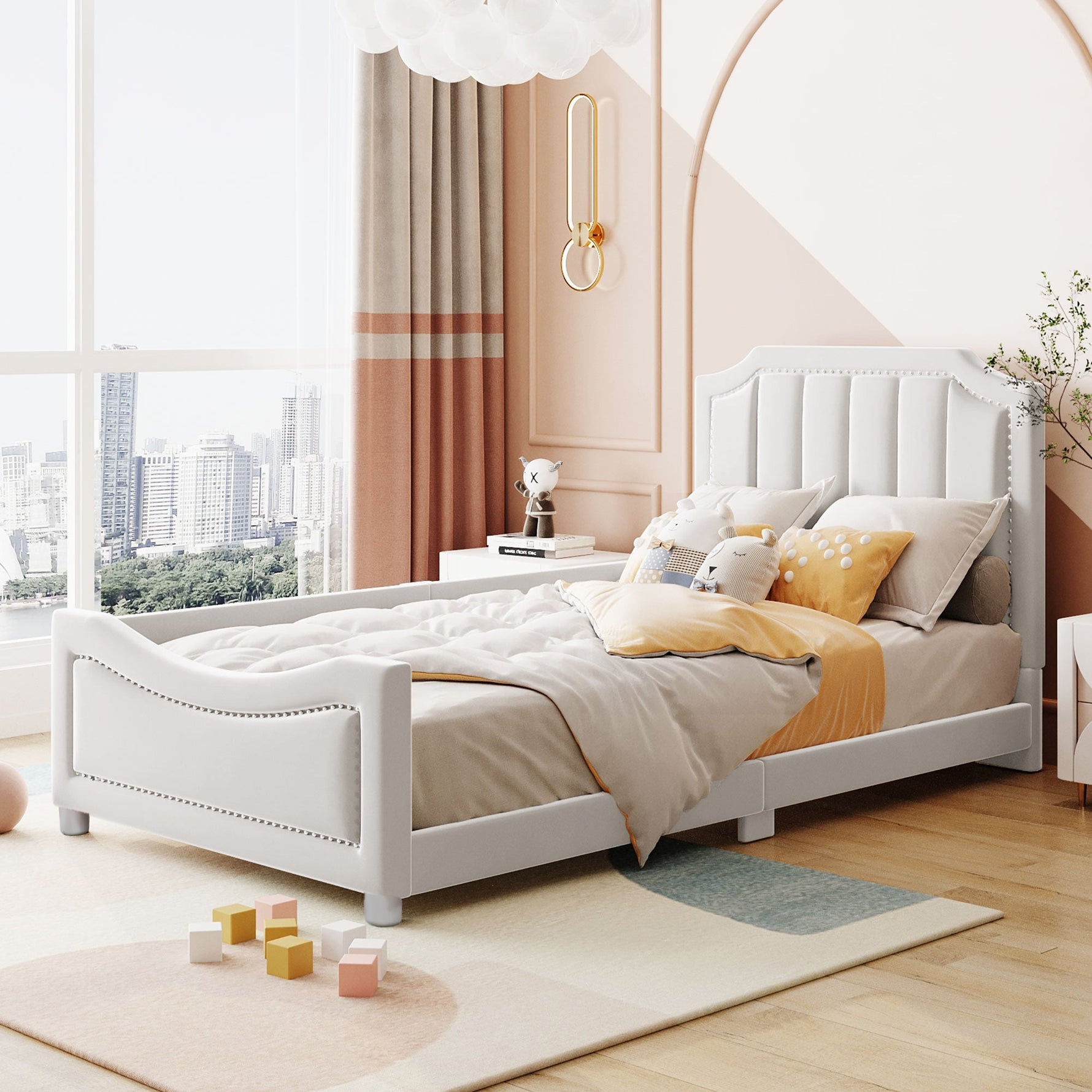 Children's Bed Upholstered Sofa Bed 90*200cm, Flannel, Beige