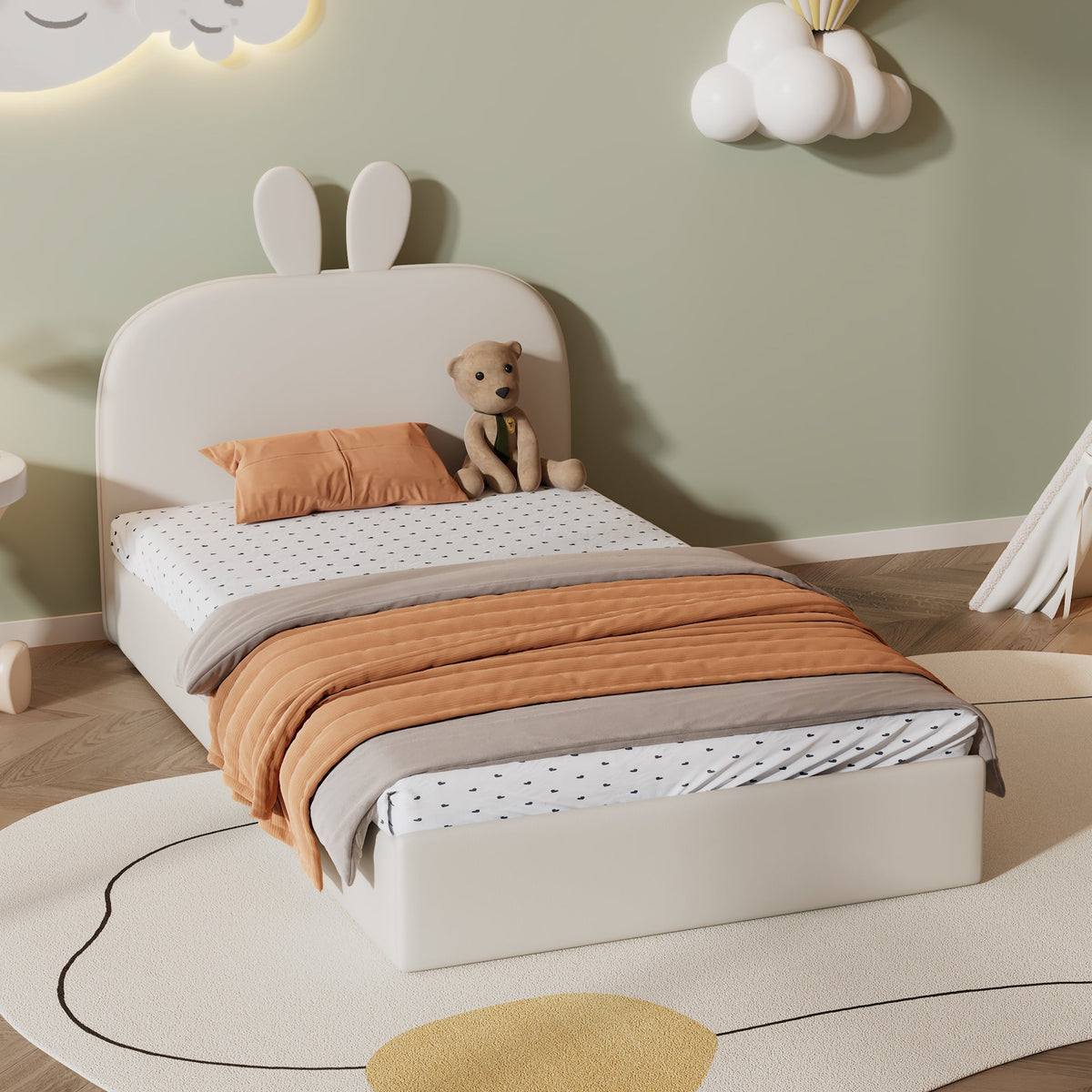 Rabbit Headboard Upholstered Bed, Wooden Slats Single, Velvet Beige