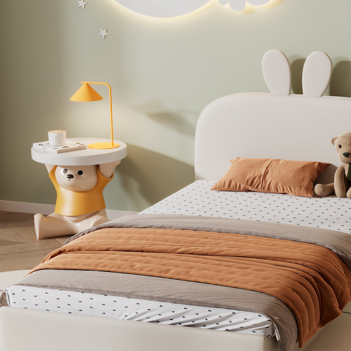 Rabbit Headboard Upholstered Bed, Wooden Slats Single, Velvet Beige