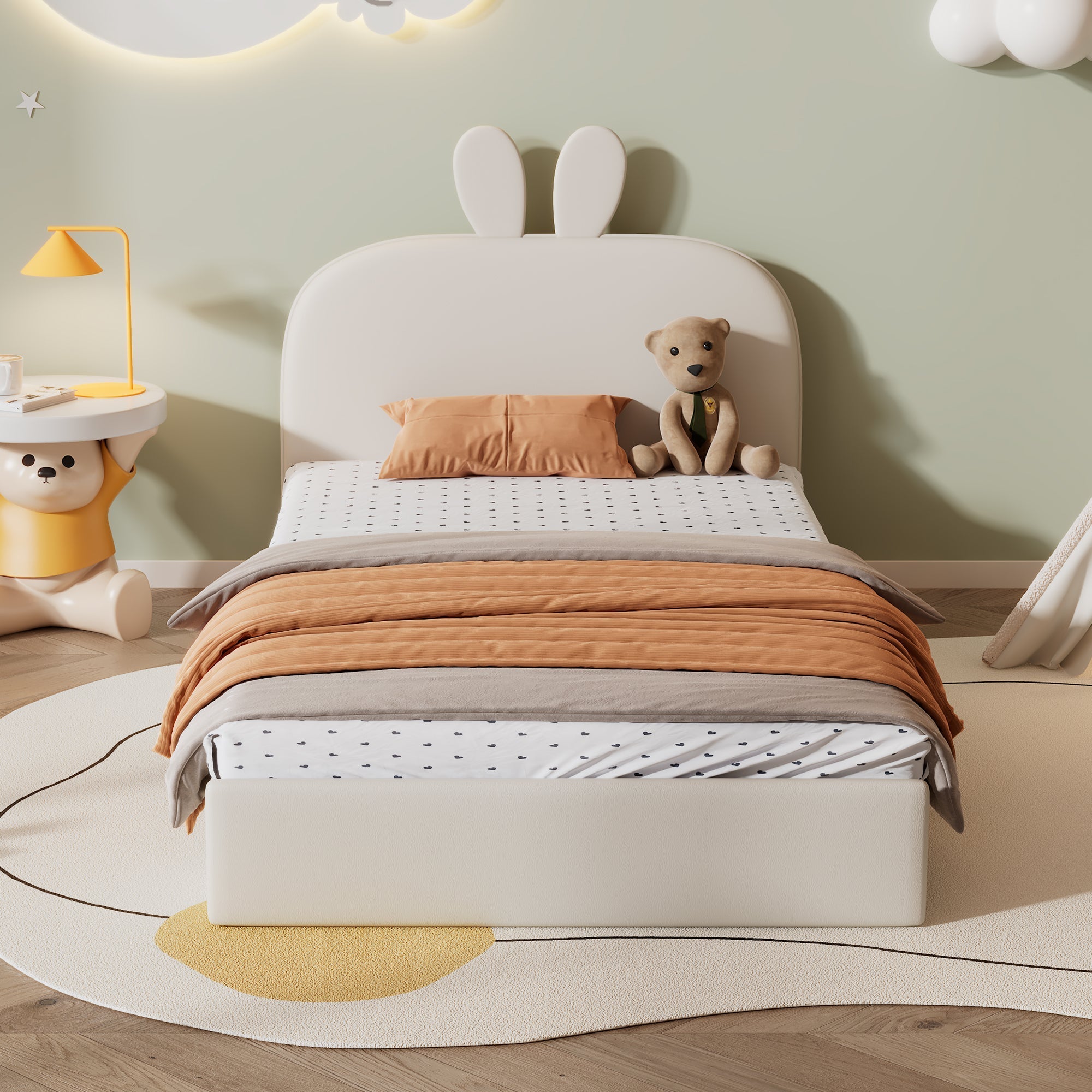 Rabbit Headboard Upholstered Bed, Wooden Slats Single, Velvet Beige