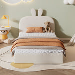 Rabbit Headboard Upholstered Bed, Wooden Slats Single, Velvet Beige