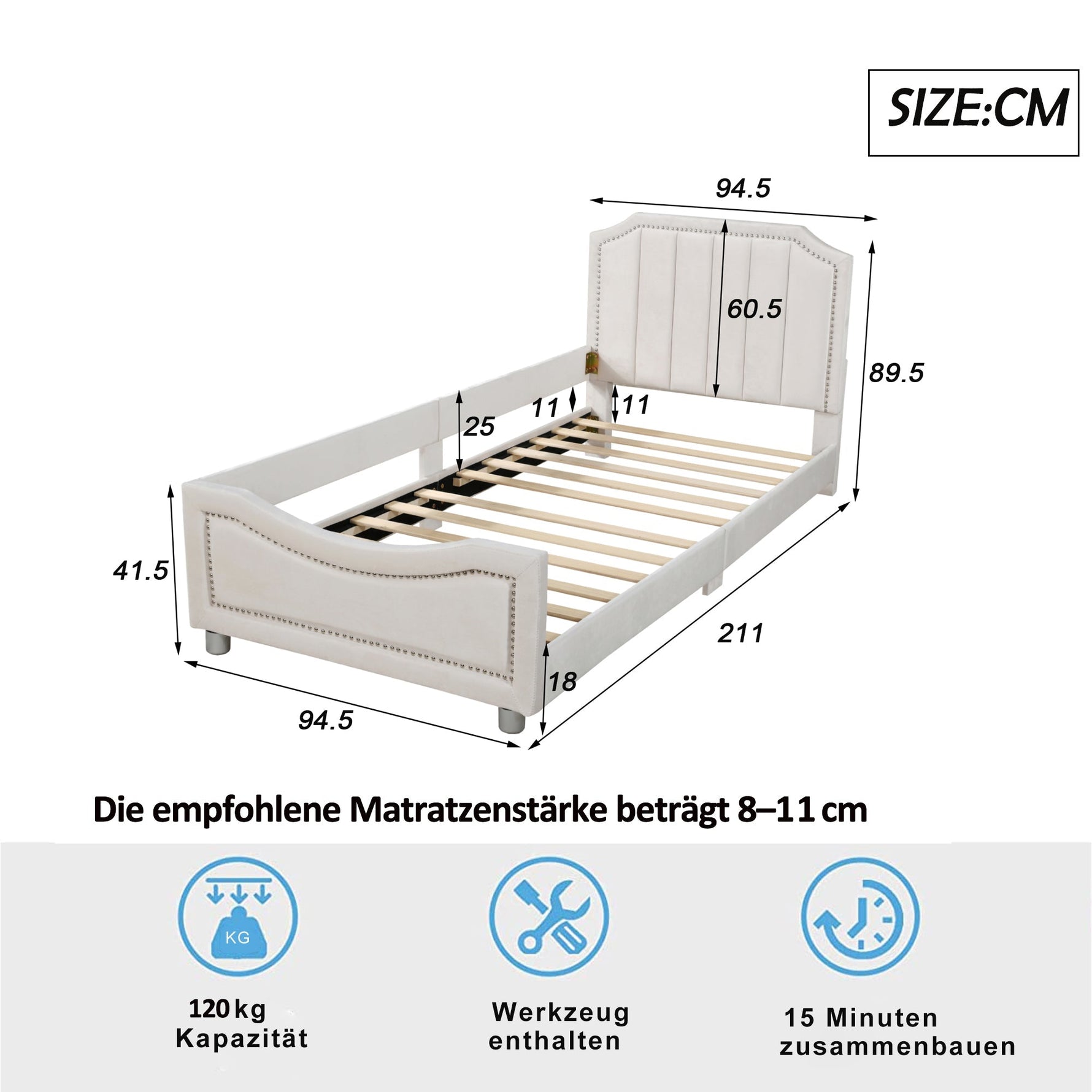 Children's Bed Upholstered Sofa Bed 90*200cm, Flannel, Beige
