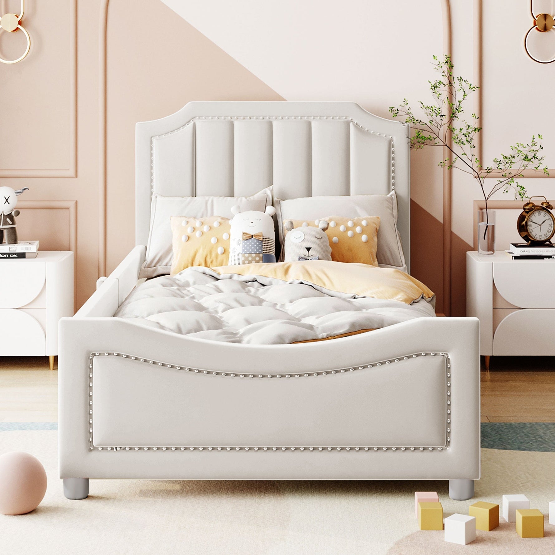 Children's Bed Upholstered Sofa Bed 90*200cm, Flannel, Beige