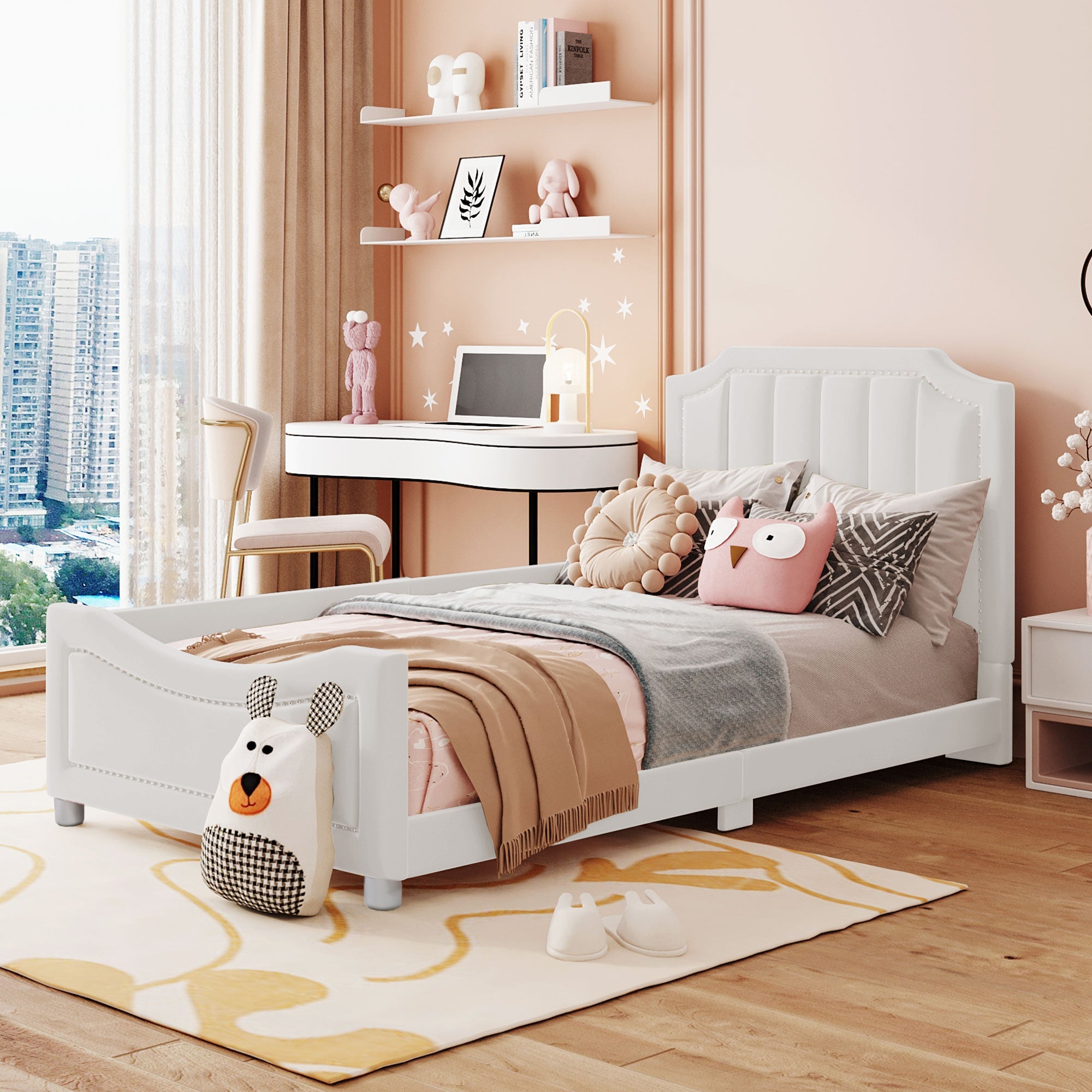 Children's Bed Upholstered Sofa Bed 90*200cm, Flannel, Beige