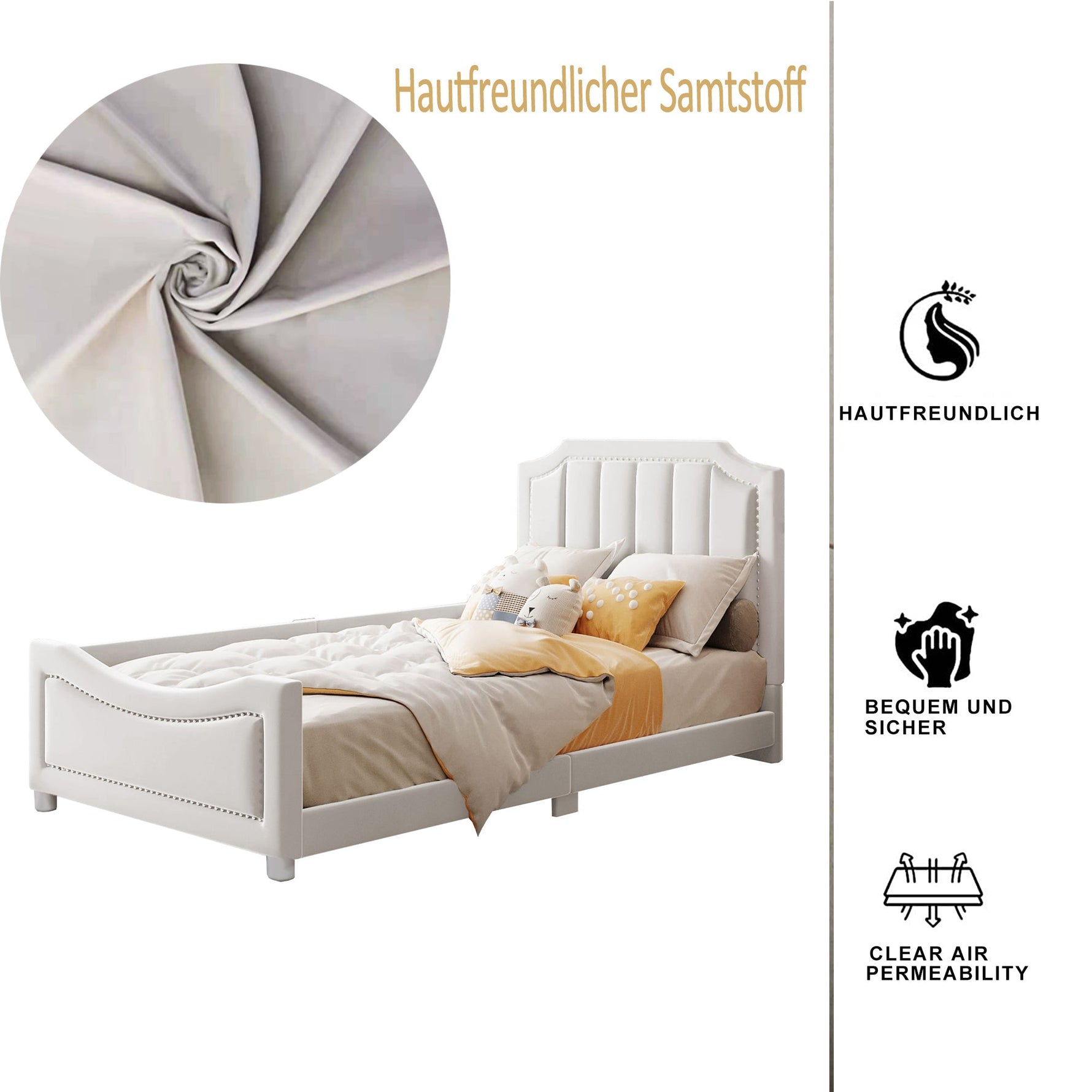 Children's Bed Upholstered Sofa Bed 90*200cm, Flannel, Beige