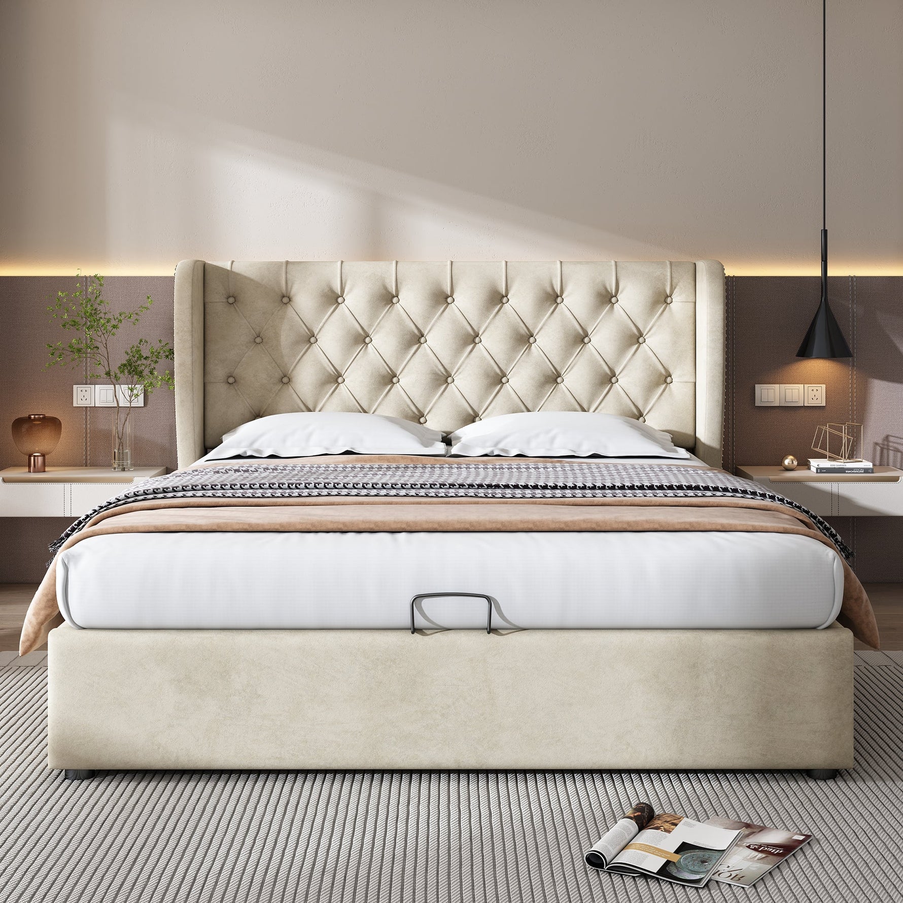 Upholstered Bed Double 140x200 Hydraulic Storage Ear-Shaped Headboard Velvet Beige