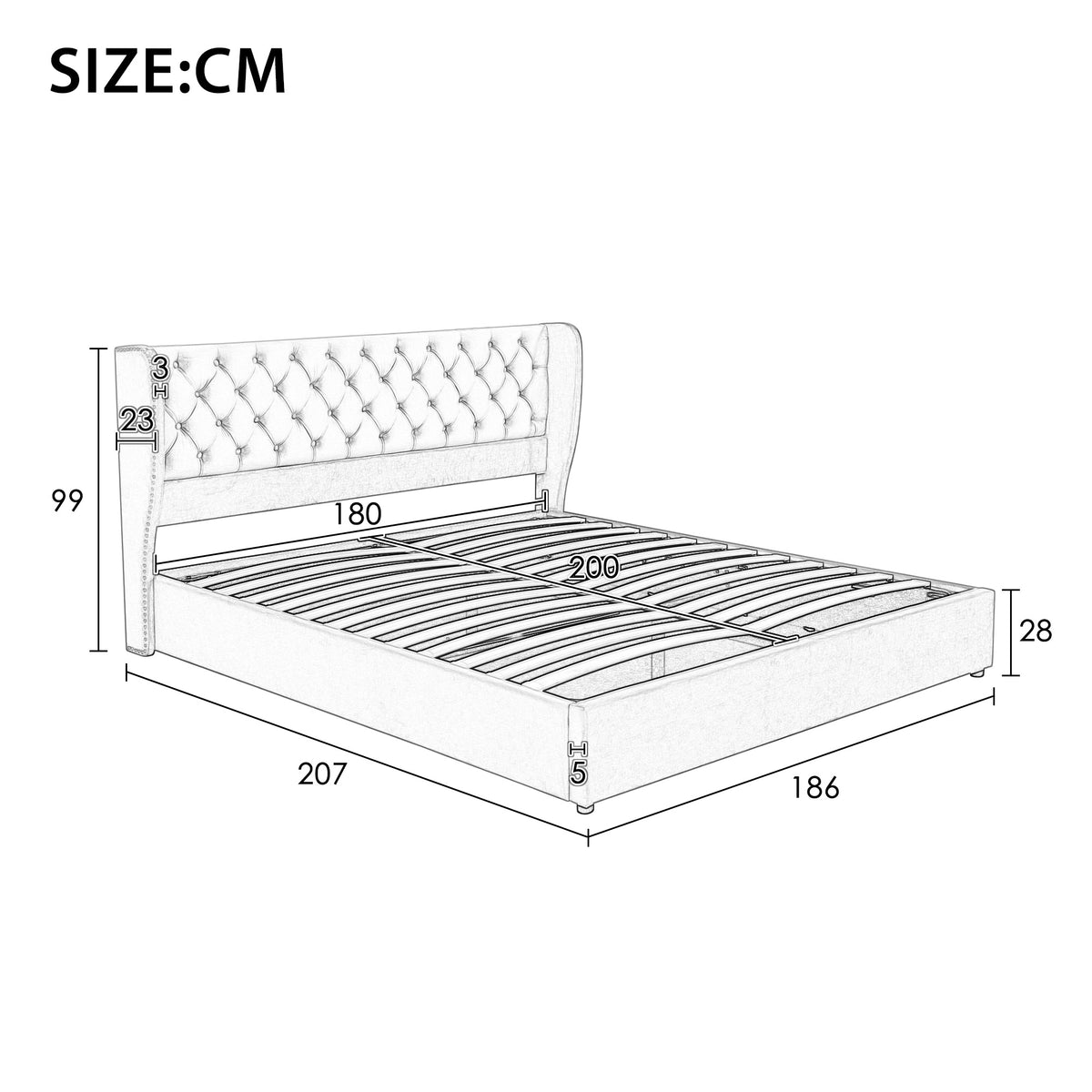 Upholstered Bed 180x200cm Hydraulic Storage, Beige Velvet