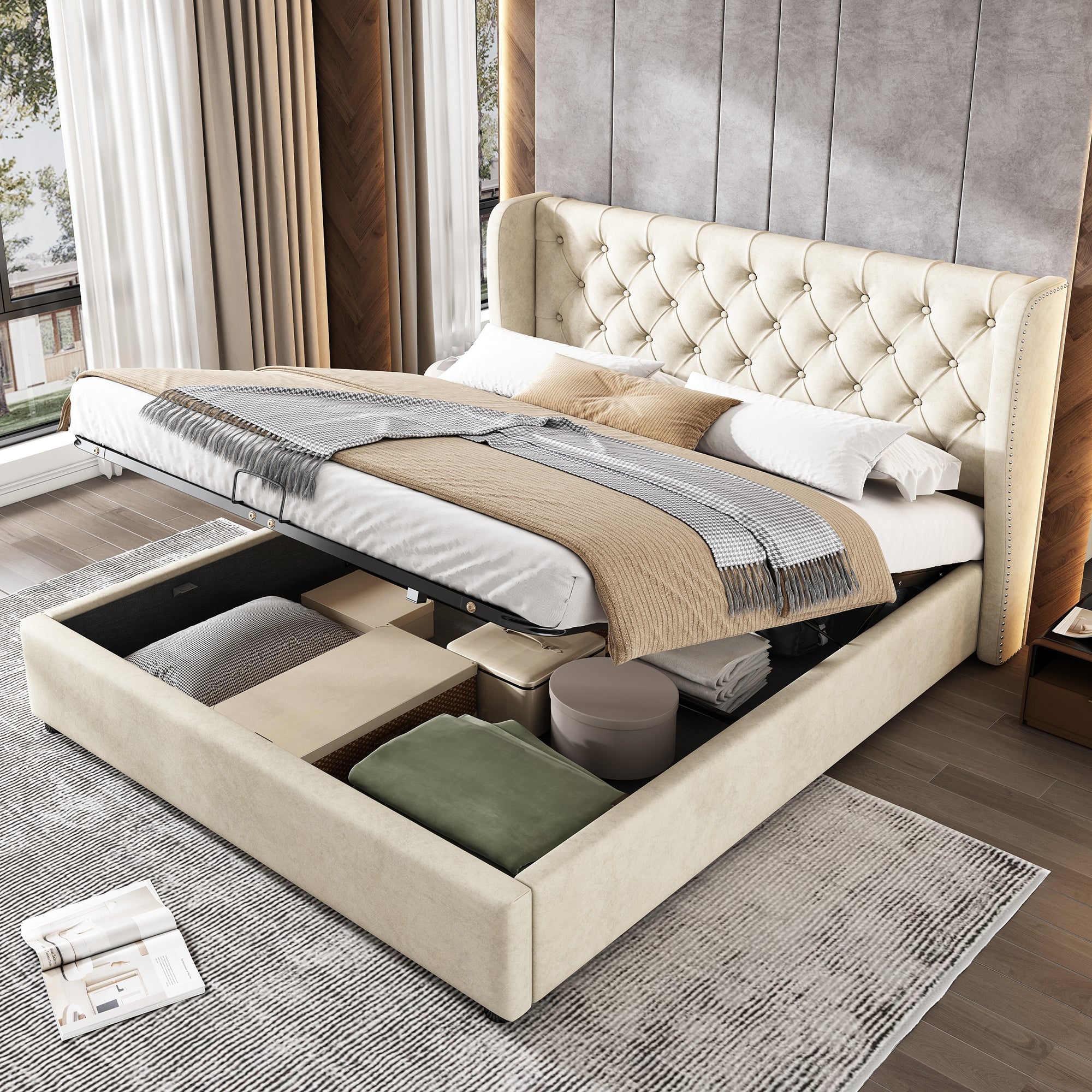 Upholstered Bed Double 140x200 Hydraulic Storage Ear-Shaped Headboard Velvet Beige
