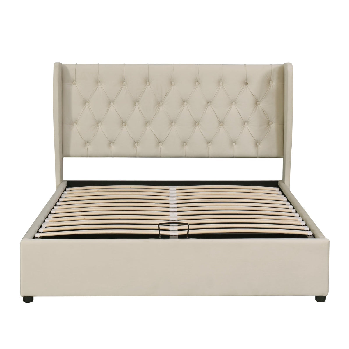 Upholstered Double Bed 140x190cm Hydraulic Storage Ear Shape - Velvet Beige