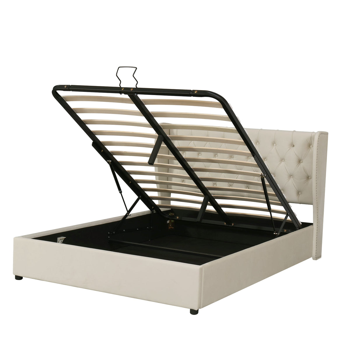 Upholstered Double Bed 140x190cm Hydraulic Storage Ear Shape - Velvet Beige
