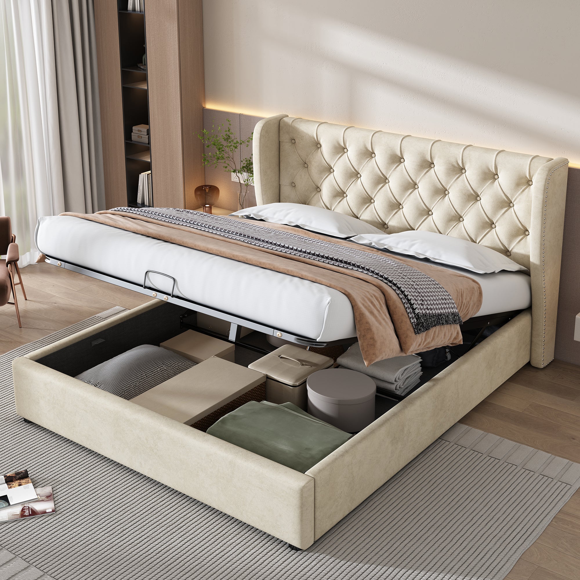 Upholstered Double Bed 140x190cm Hydraulic Storage Ear Shape - Velvet Beige