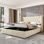 Upholstered Double Bed 140x190cm Hydraulic Storage Ear Shape - Velvet Beige