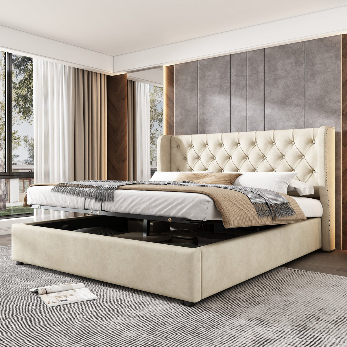 Upholstered Double Bed 140x190cm Hydraulic Storage Ear Shape - Velvet Beige