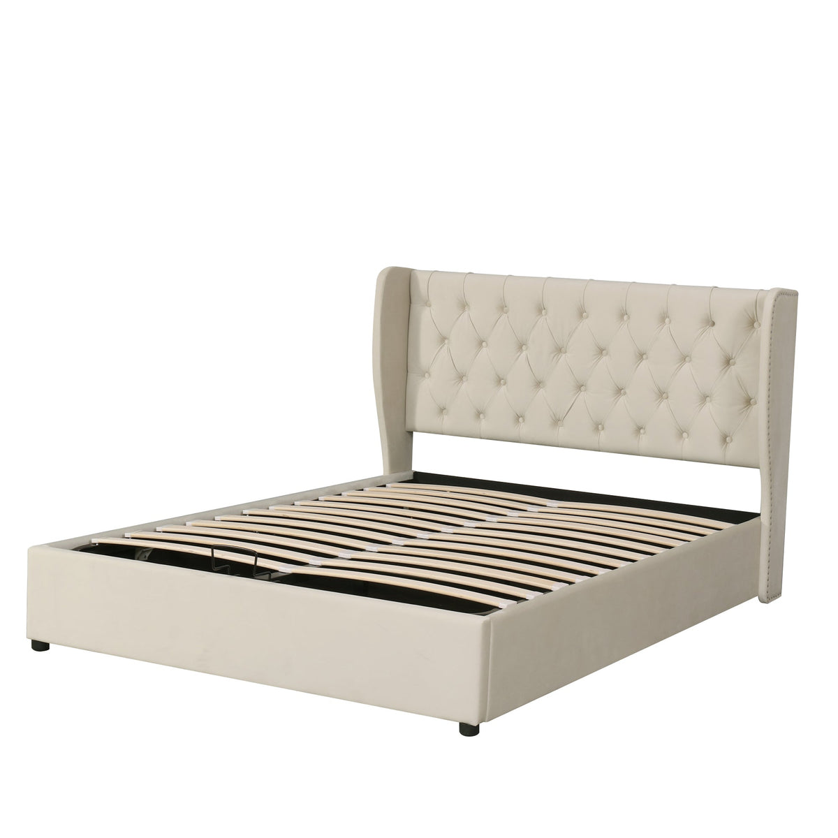 Upholstered Double Bed 140x190cm Hydraulic Storage Ear Shape - Velvet Beige