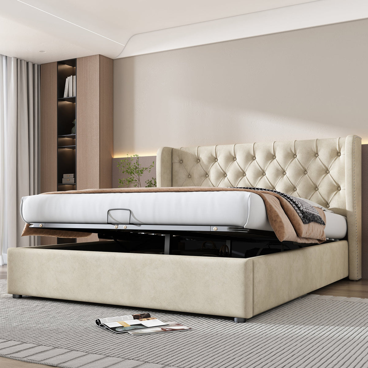 Upholstered Double Bed 140x190cm Hydraulic Storage Ear Shape - Velvet Beige