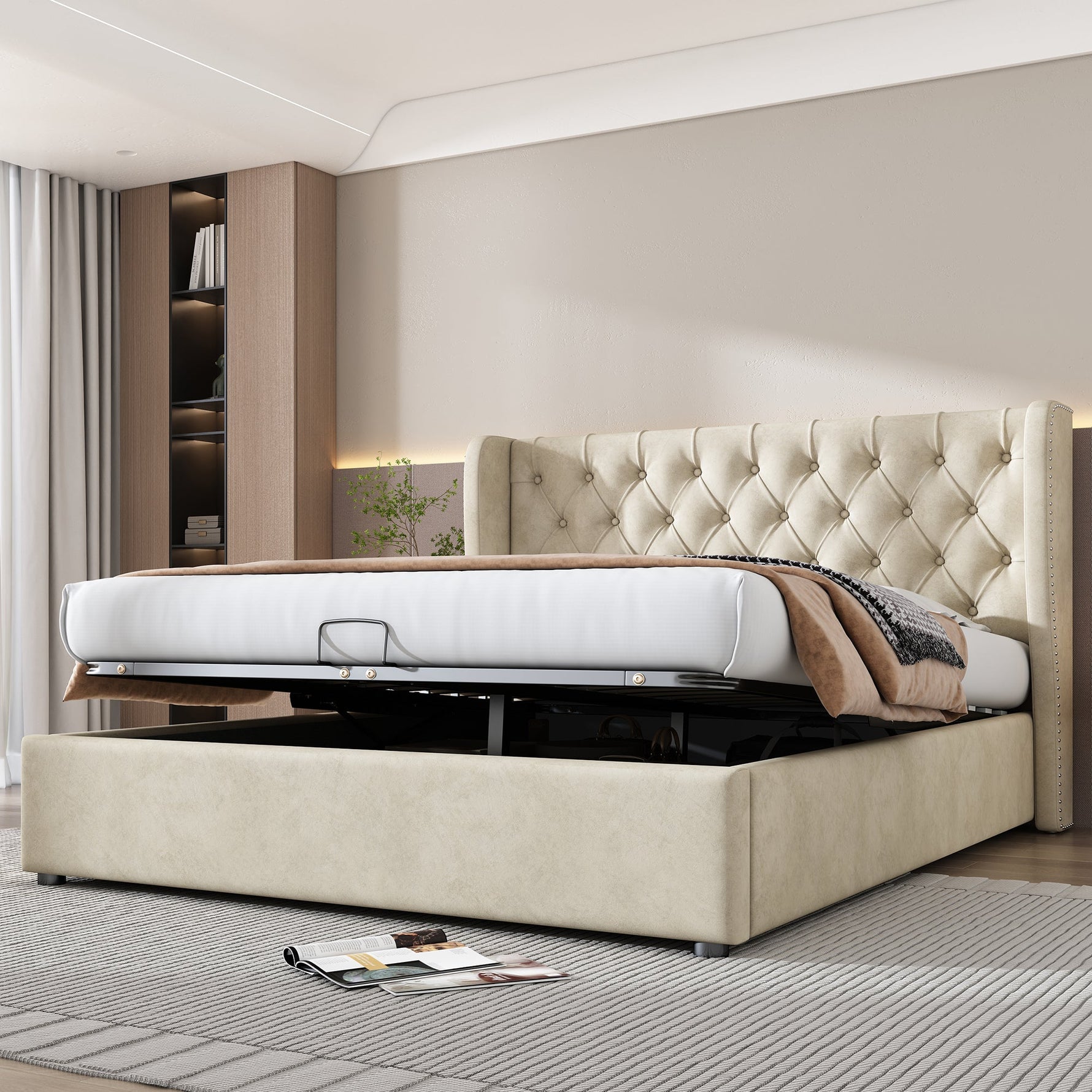 Upholstered Bed Double 140x200 Hydraulic Storage Ear-Shaped Headboard Velvet Beige