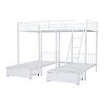 Triple Bunk Bed, Drawers, Convertible to Double & Two Single Beds, Metal Frame, White