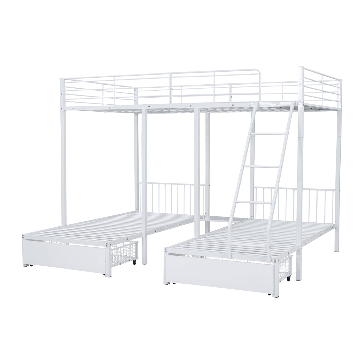 Triple Bunk Bed, Drawers, Convertible to Double & Two Single Beds, Metal Frame, White