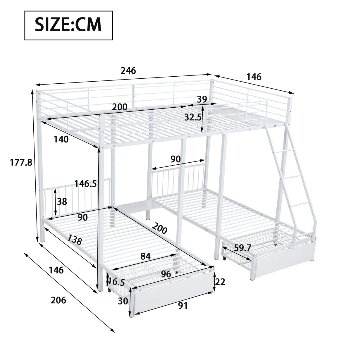 Triple Bunk Bed, Drawers, Convertible to Double & Two Single Beds, Metal Frame, White
