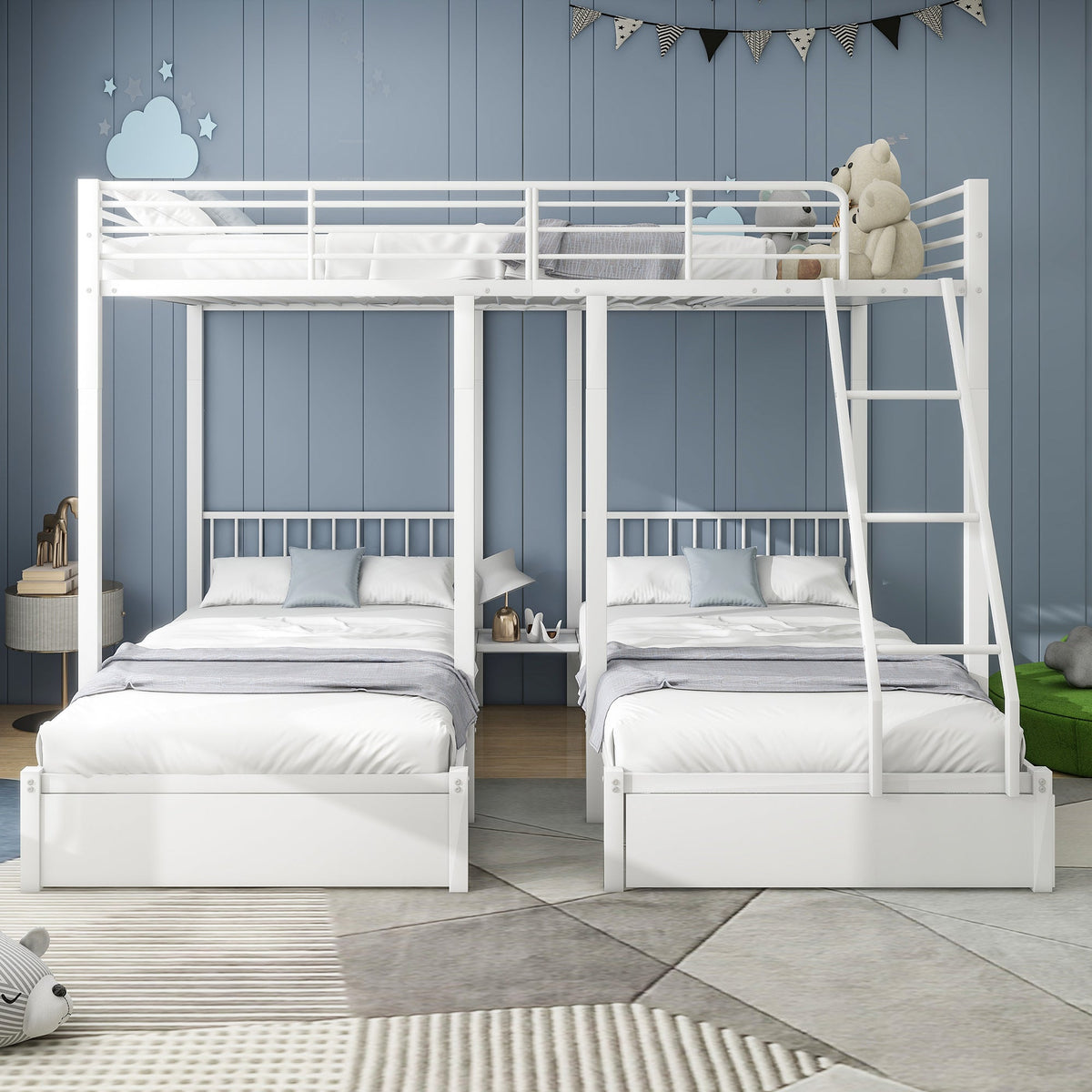 Triple Bunk Bed, Drawers, Convertible to Double & Two Single Beds, Metal Frame, White