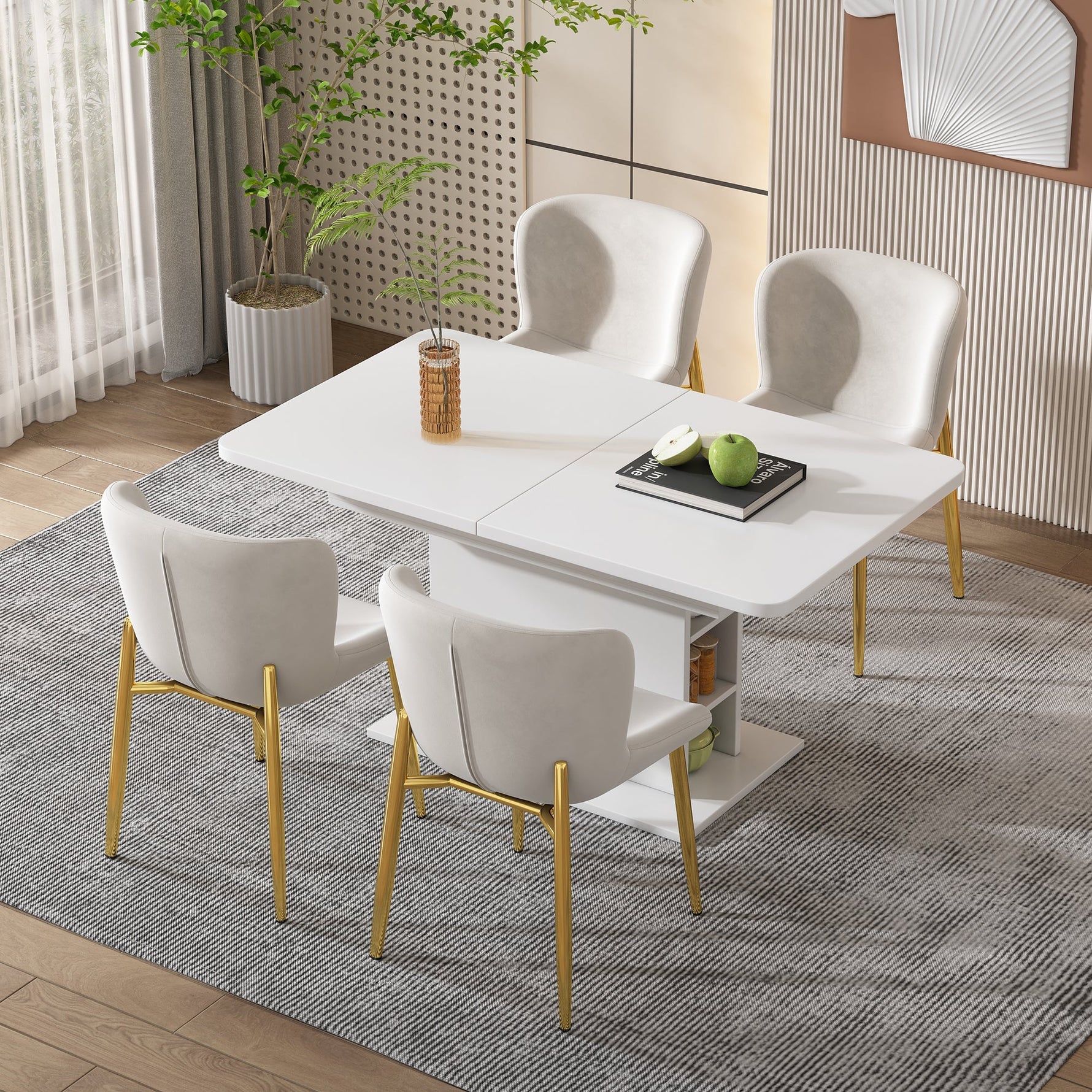 Extendable Dining Table with Storage and Iron Frame, Space-Saving Rectangular Design, White