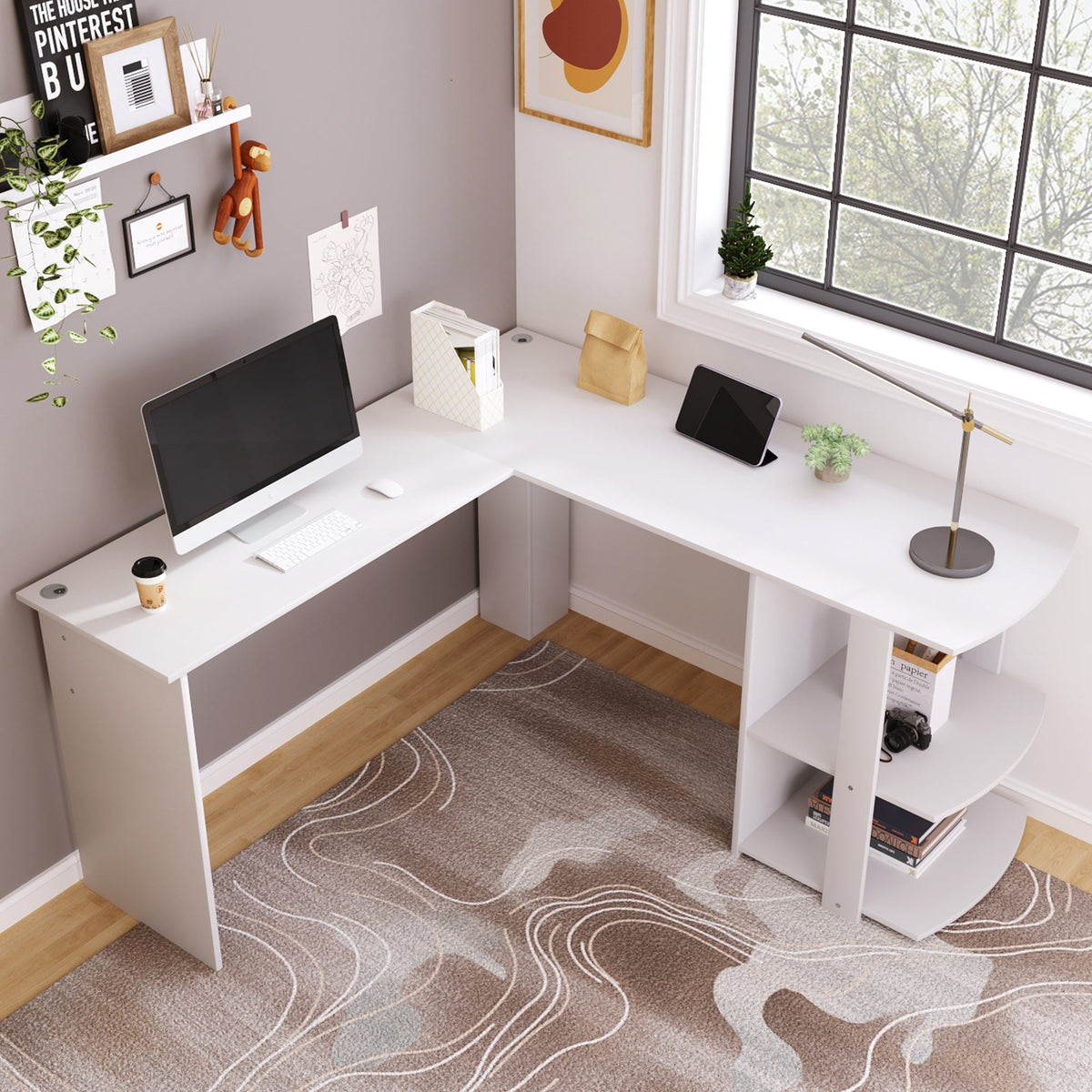 Corner Desk 140cm L-shaped with 2 Shelves, White