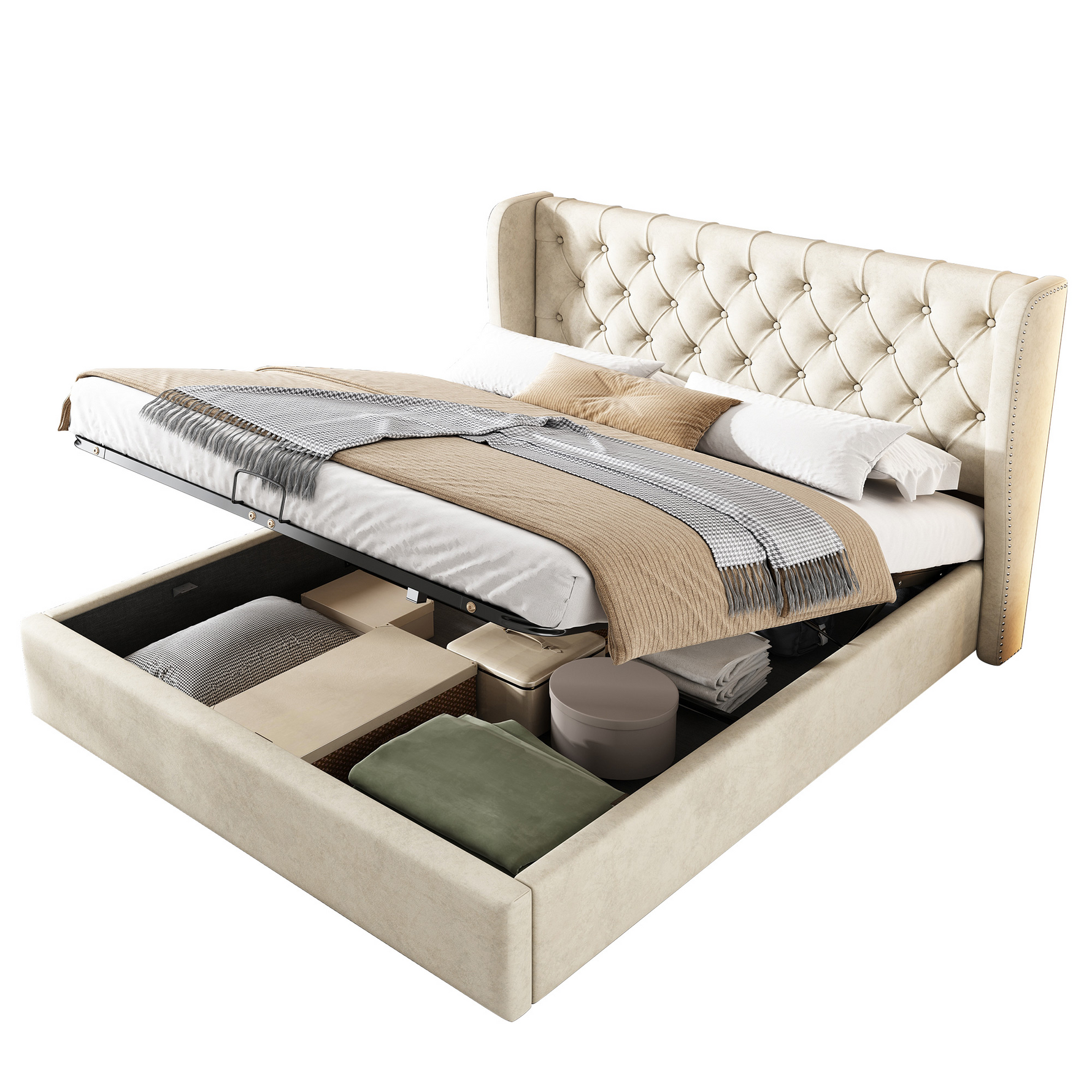 Upholstered Bed Double 140x200 Hydraulic Storage Ear-Shaped Headboard Velvet Beige
