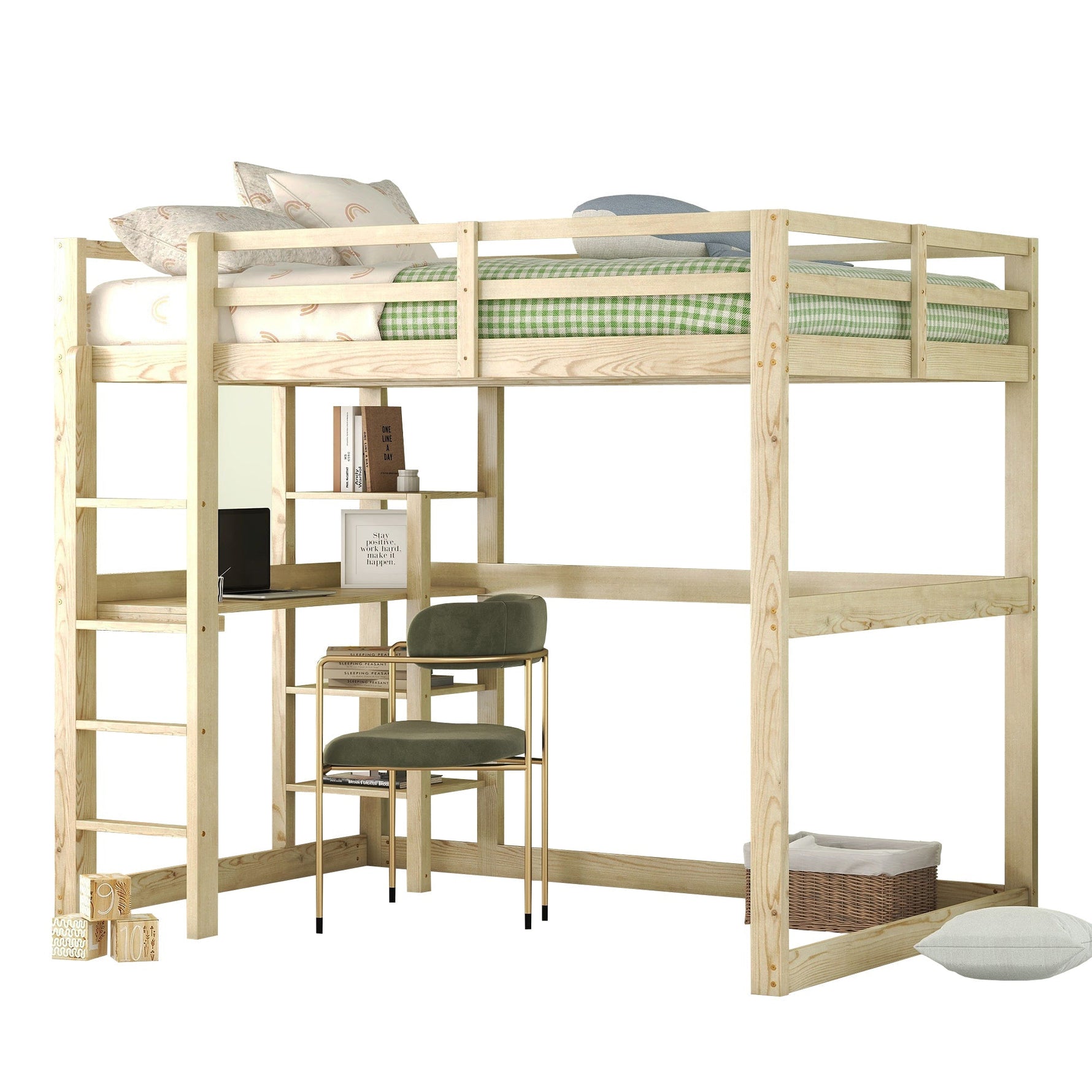 Children's Bunk Bed with Desk and 4 Storage Compartments, 140 x 200 cm, Pine Natural