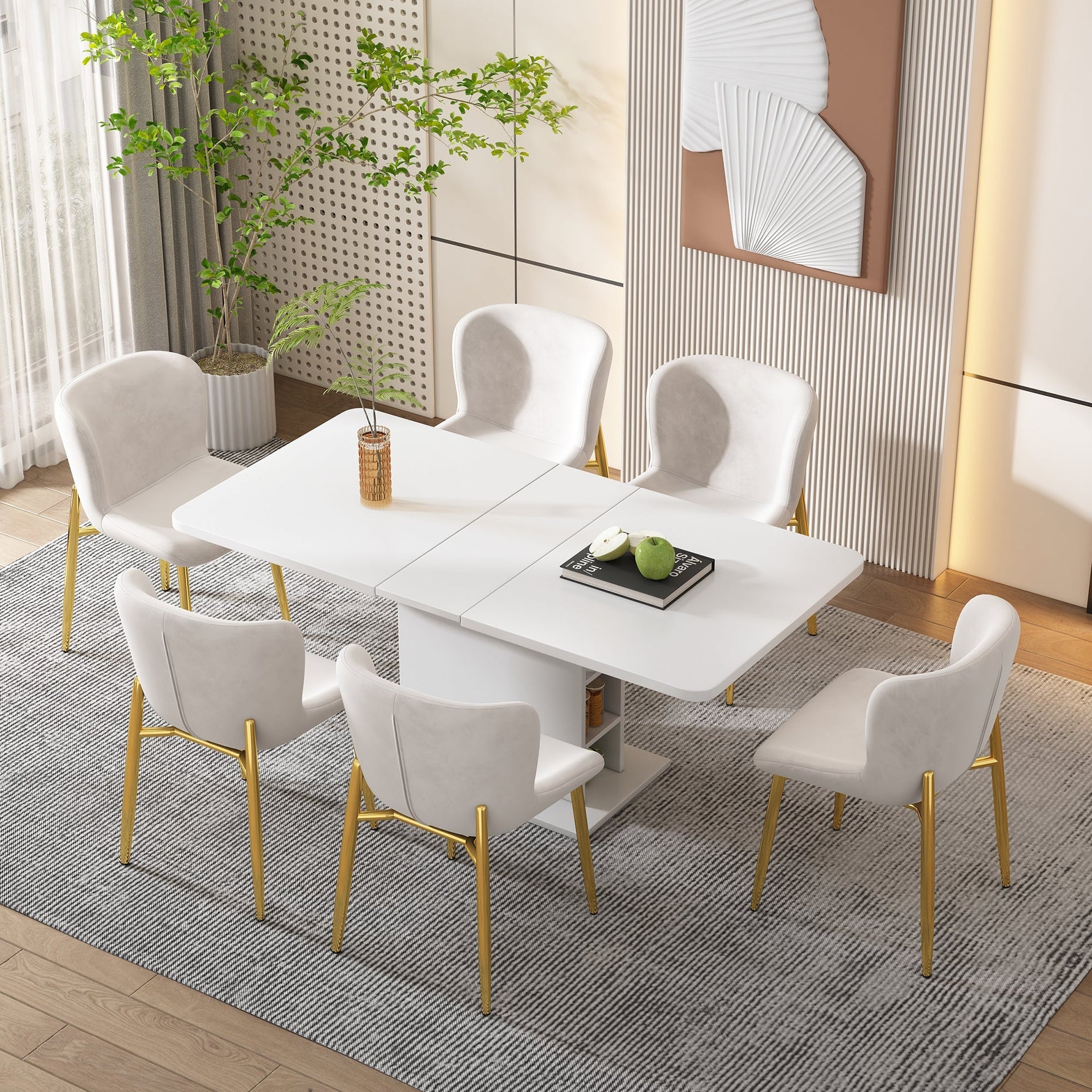Extendable Dining Table with Storage and Iron Frame, Space-Saving Rectangular Design, White