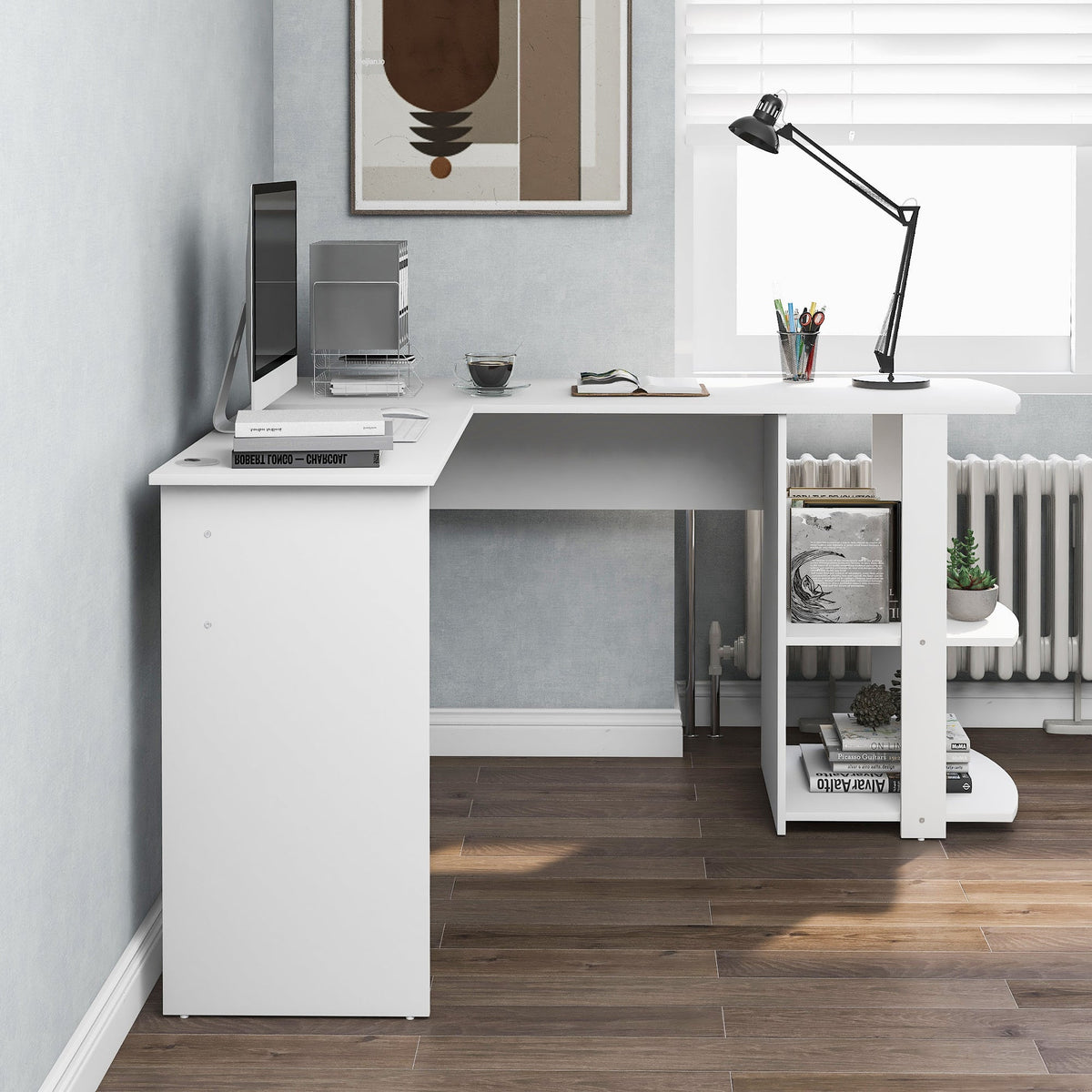 Corner Desk 140cm L-shaped with 2 Shelves, White