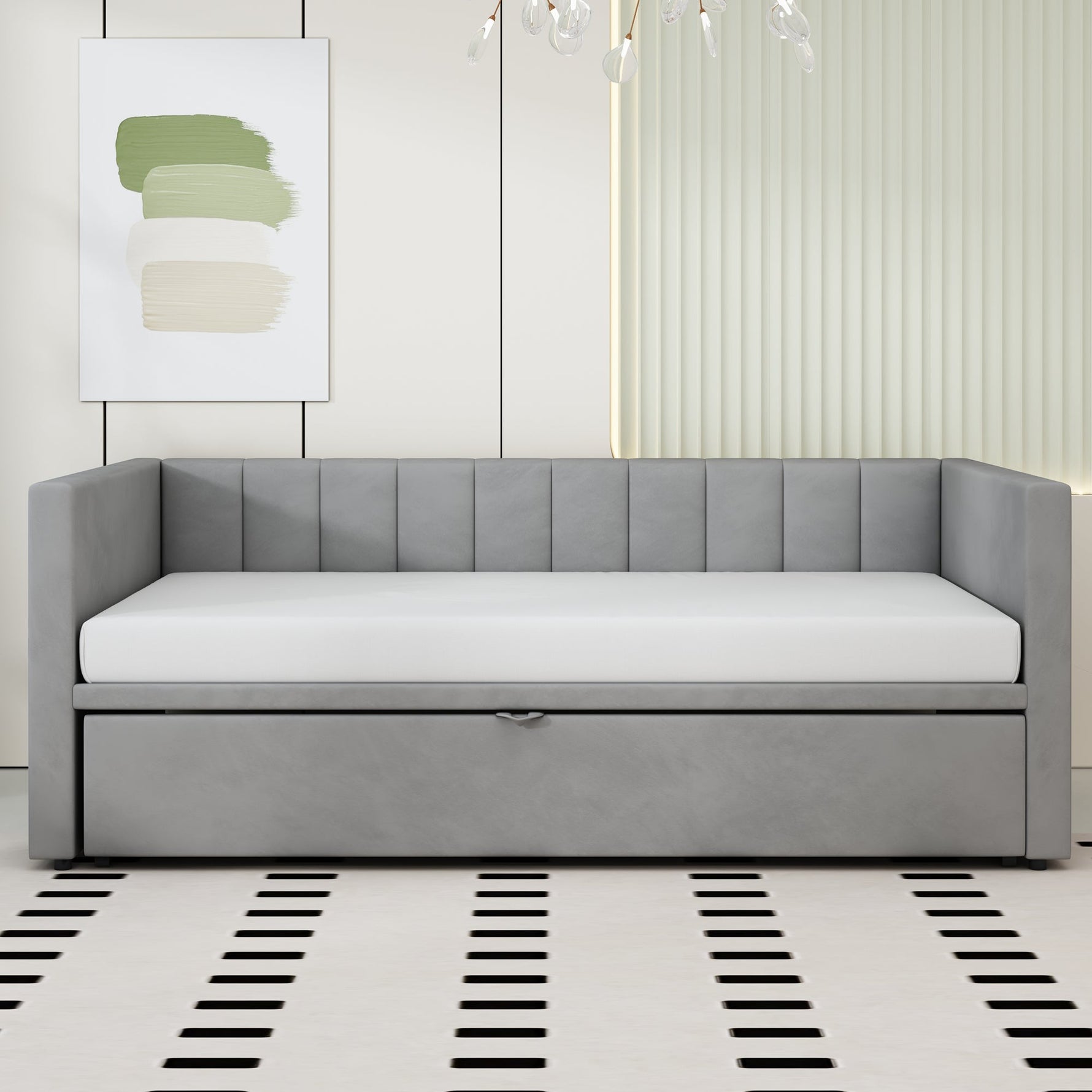 Upholstered Bed, Pull-Out Sofa Bed 90/180*200 cm with Slatted Frames, Skin-Friendly Velvet Fabric, Gray