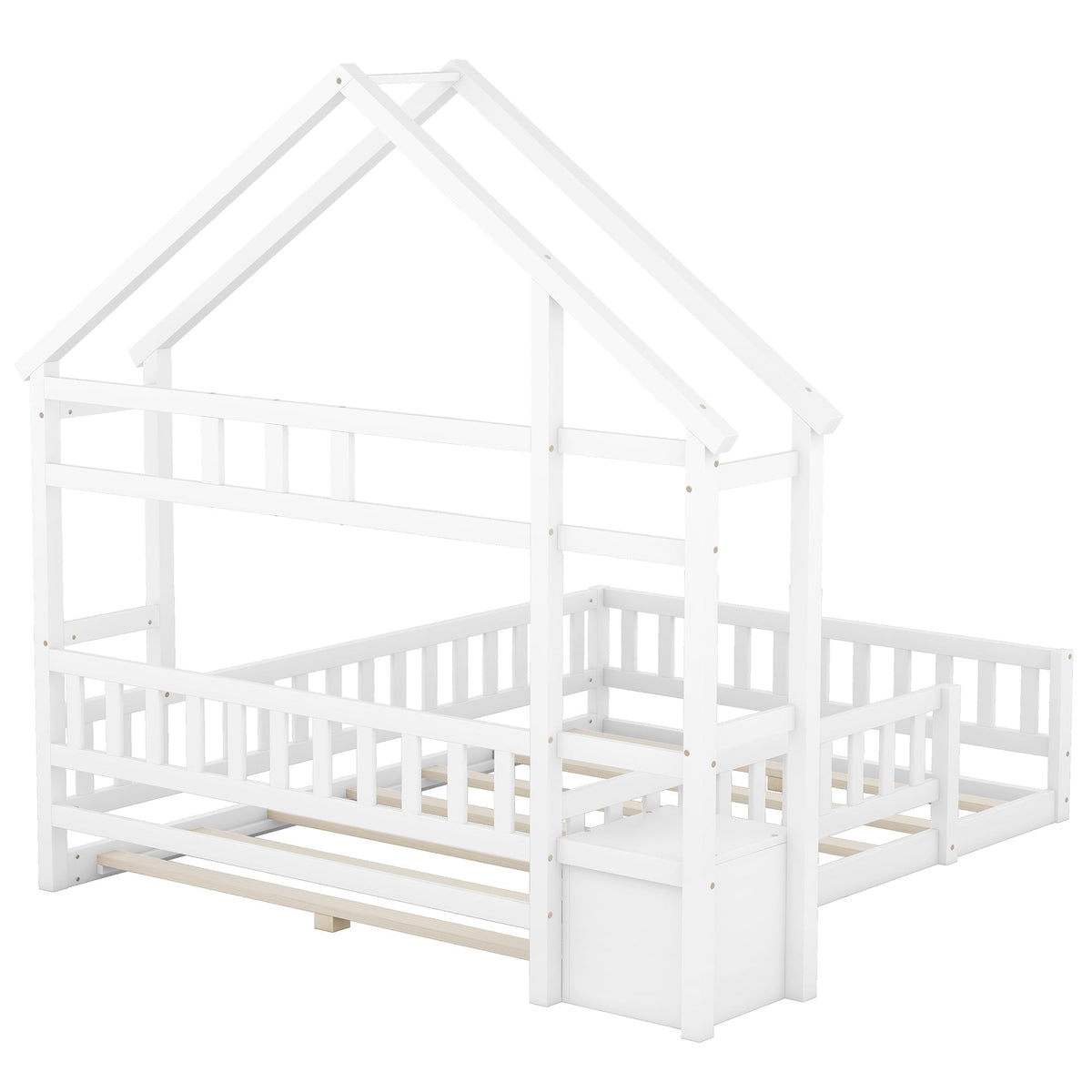 Children's House Bed 140x200cm with Railing & Bedside Tables - White