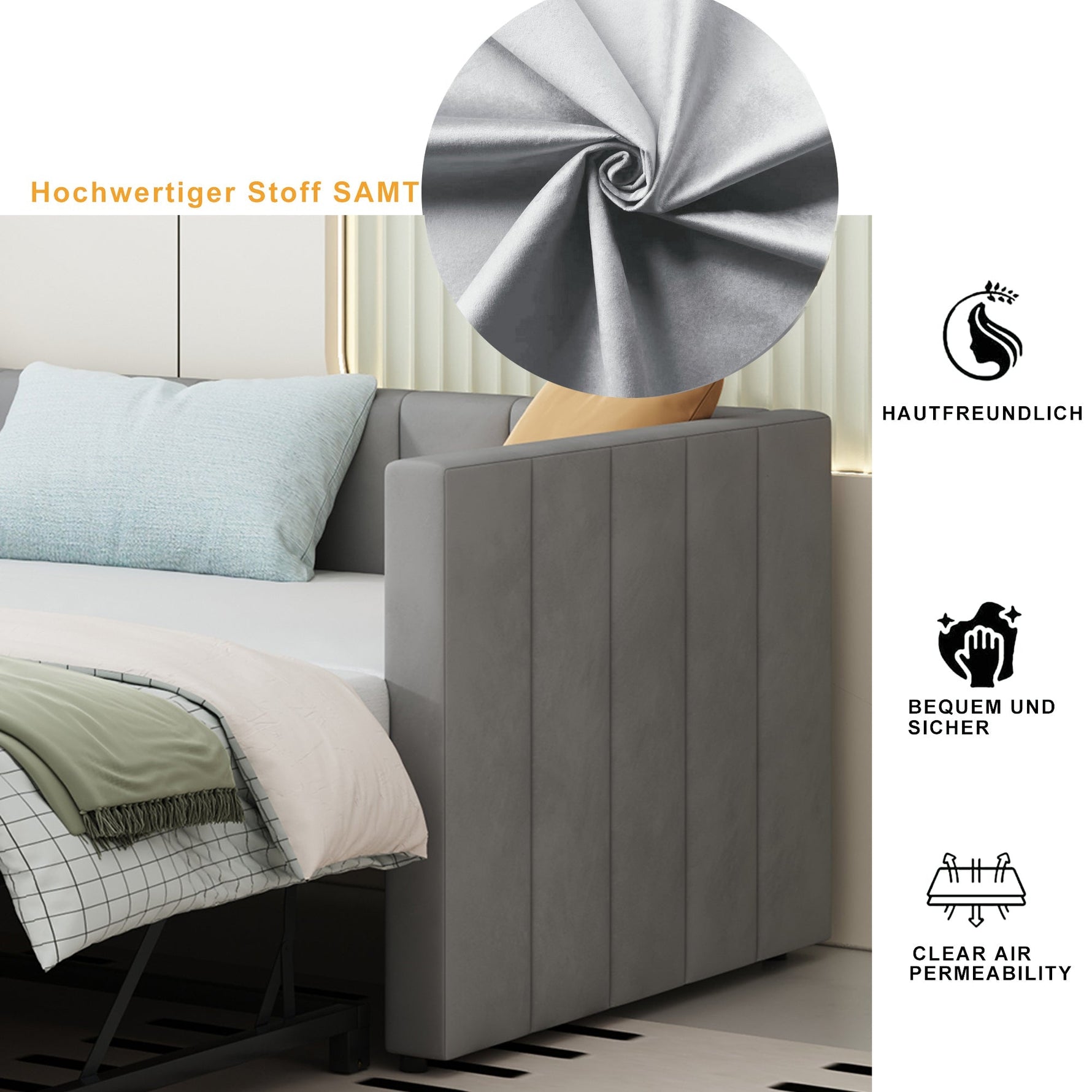 Upholstered Bed, Pull-Out Sofa Bed 90/180*200 cm with Slatted Frames, Skin-Friendly Velvet Fabric, Gray