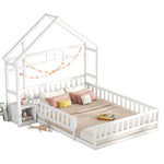 Children's House Bed 140x200cm with Railing & Bedside Tables - White