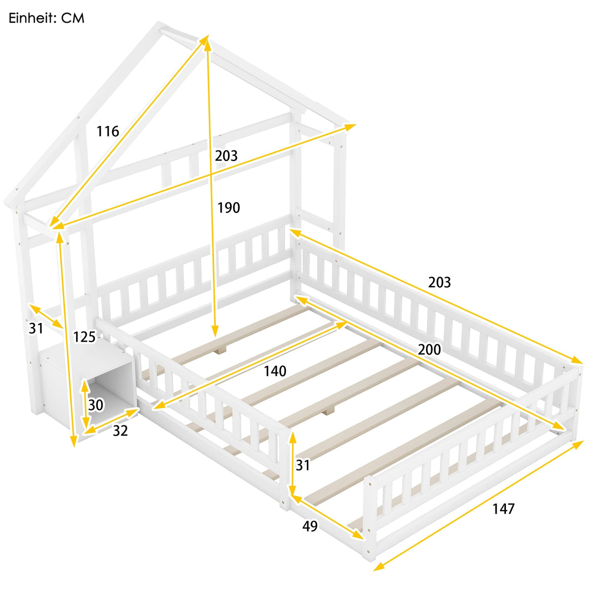 Children's House Bed 140x200cm with Railing & Bedside Tables - White