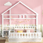Children's House Bed 140x200cm with Railing & Bedside Tables - White