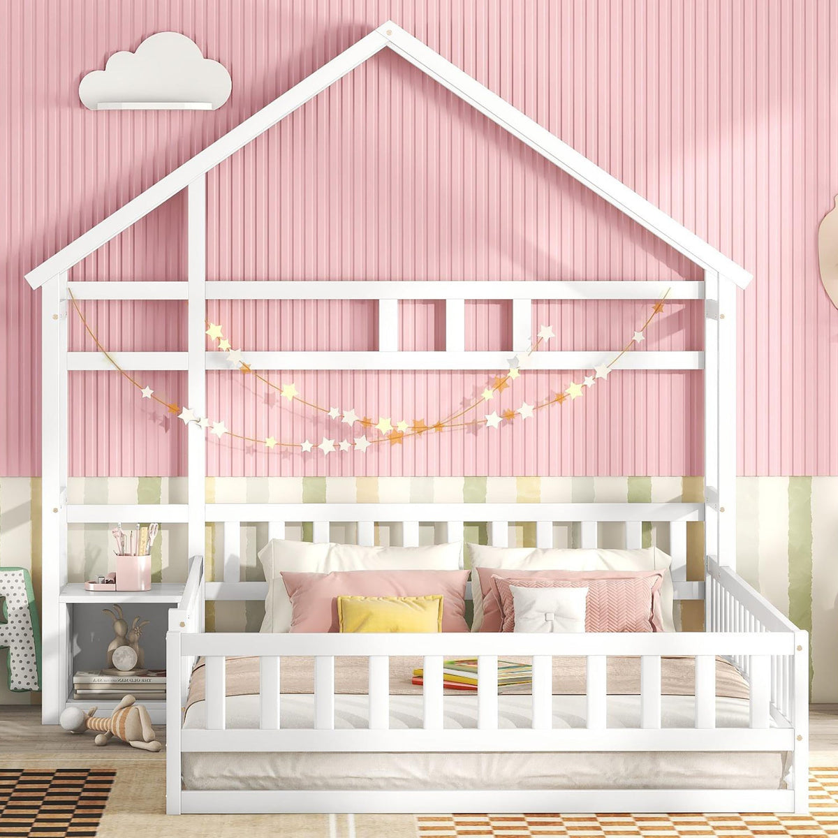Children's House Bed 140x200cm with Railing & Bedside Tables - White