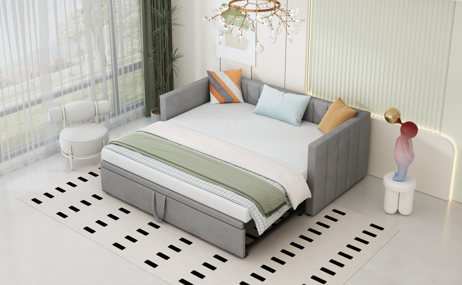 Upholstered Bed, Pull-Out Sofa Bed 90/180*200 cm with Slatted Frames, Skin-Friendly Velvet Fabric, Gray