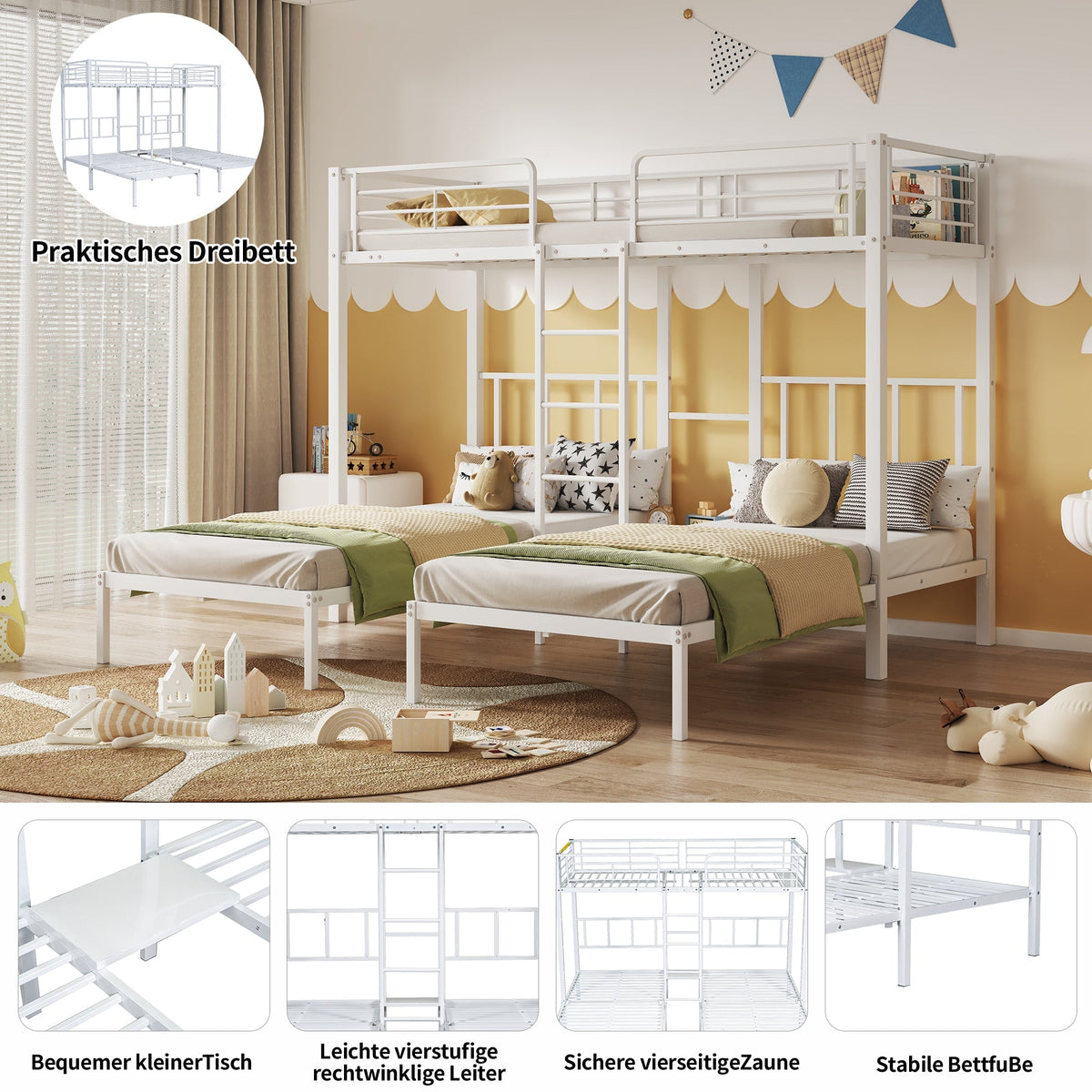 Triple Bed, Bunk Bed with Ladder, Safety Rail & Table, Iron White