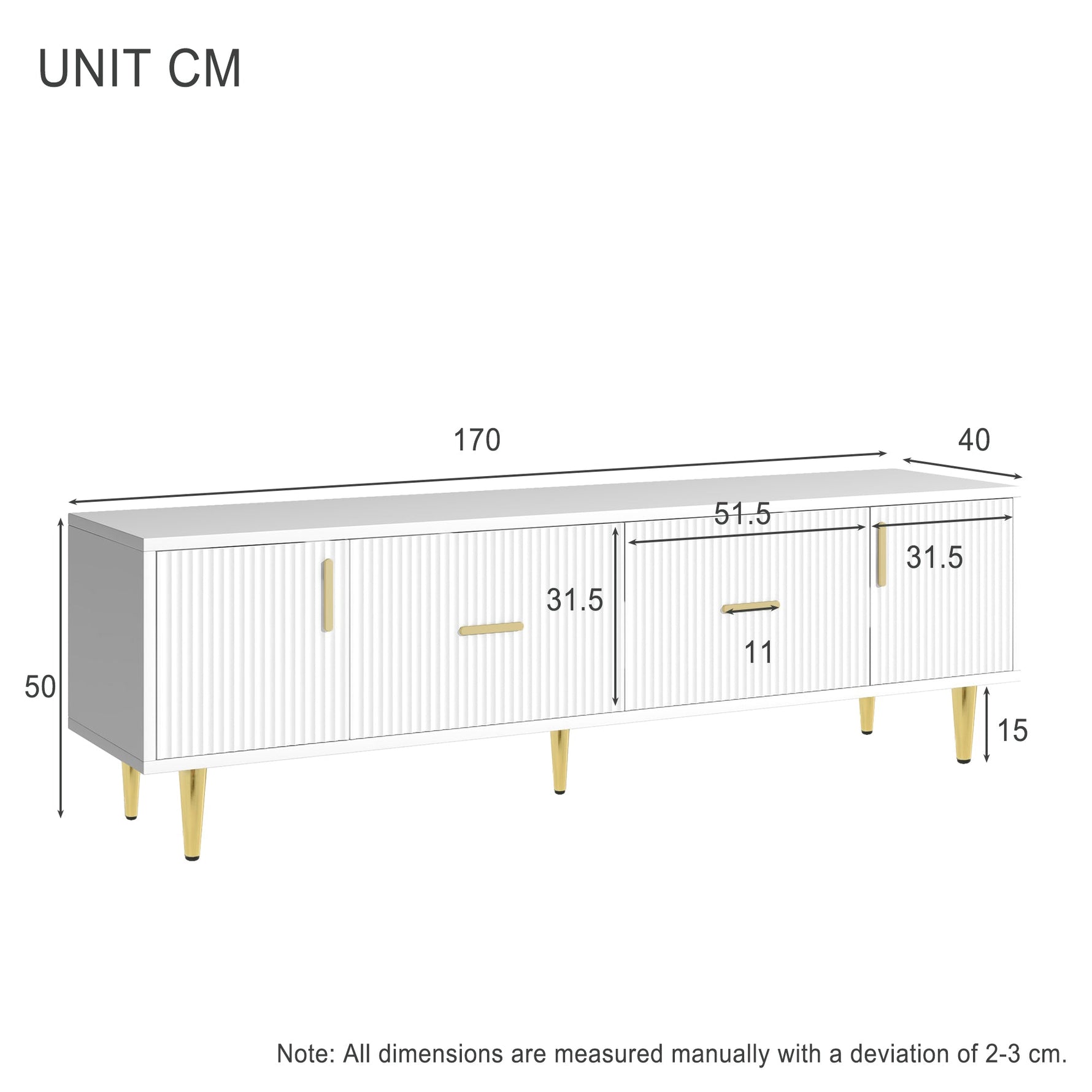TV Stand 170cm for 70-inch TVs with 2 Doors 2 Drawers Gold Handles White